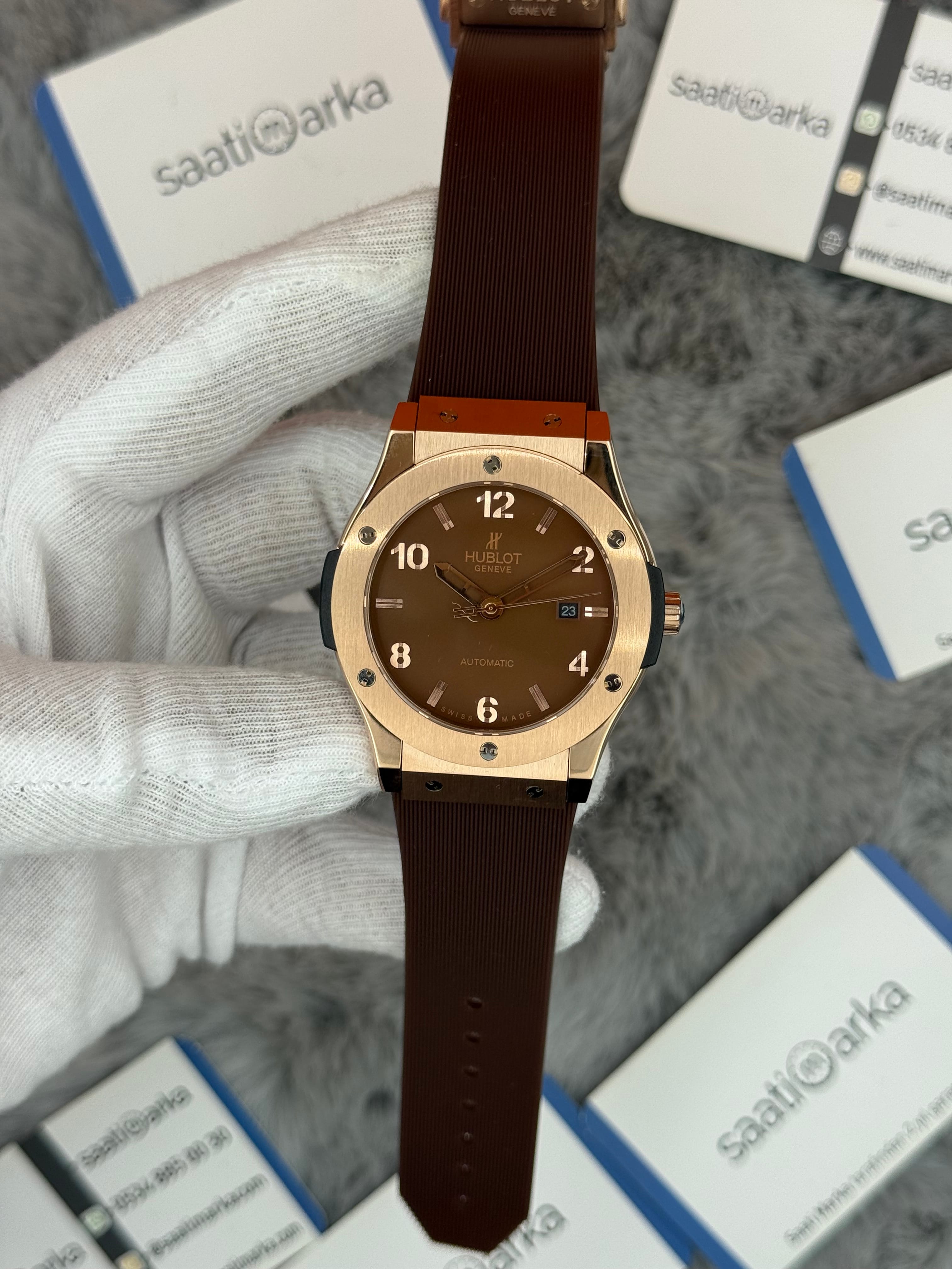 HUBLOT vendome 41mm rose kasa kahverengi kadran kahverengi kauçuk kordon erkek kol saati