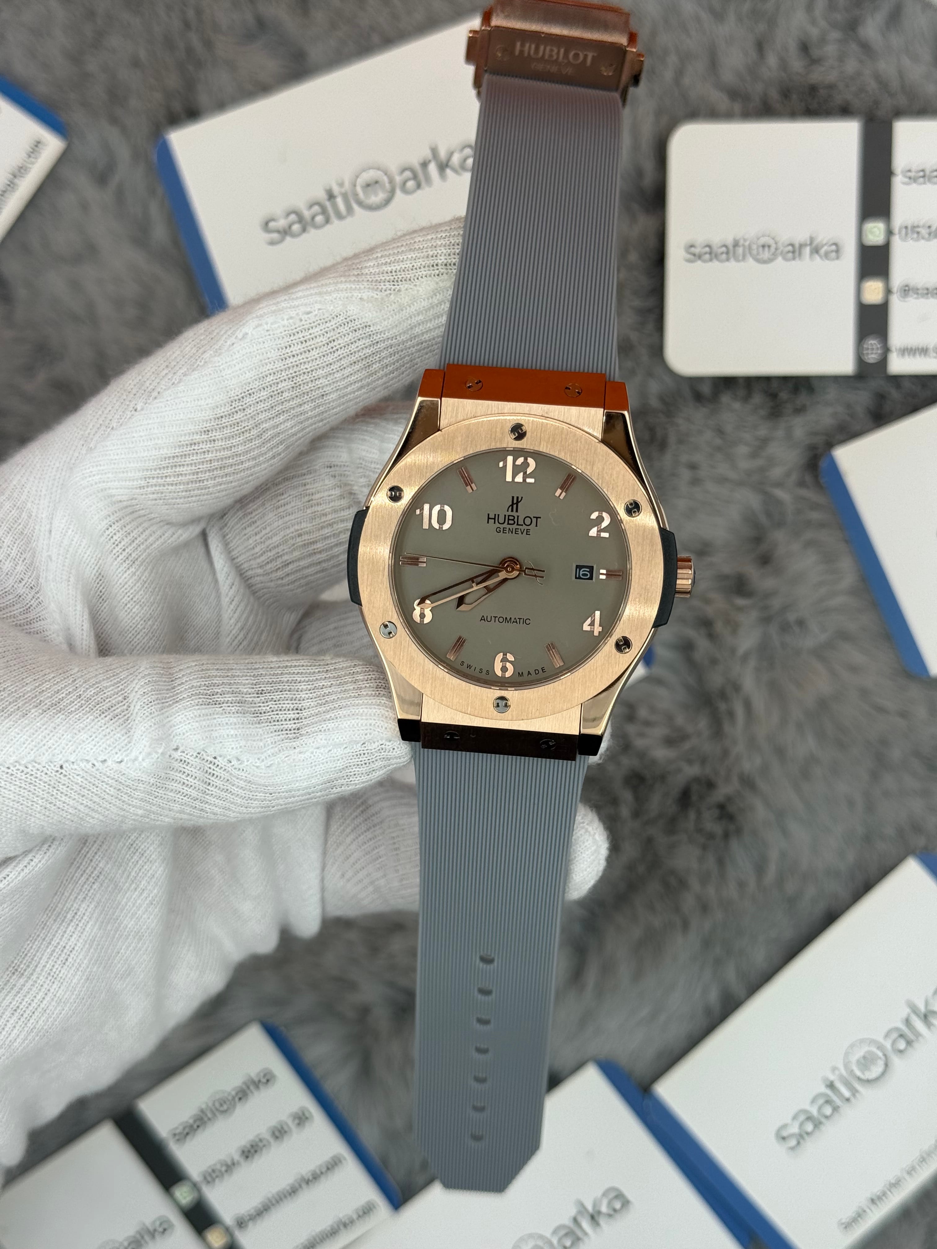 HUBLOT vendome 41mm rose kasa gri kadran gri kauçuk kordon erkek kol saati