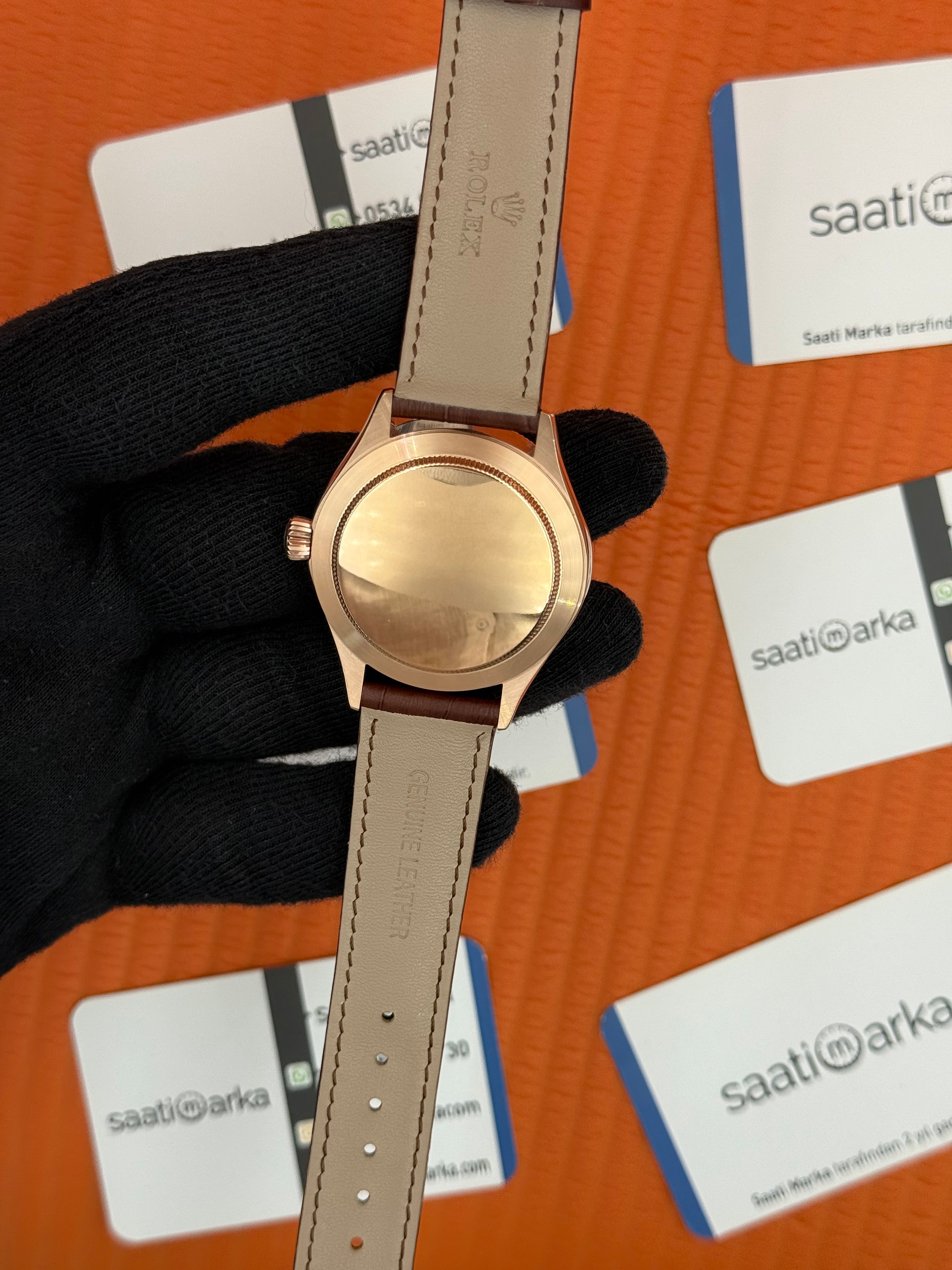 ROLEX Cellini rose kasa beyaz kadran kahverengi deri kordon