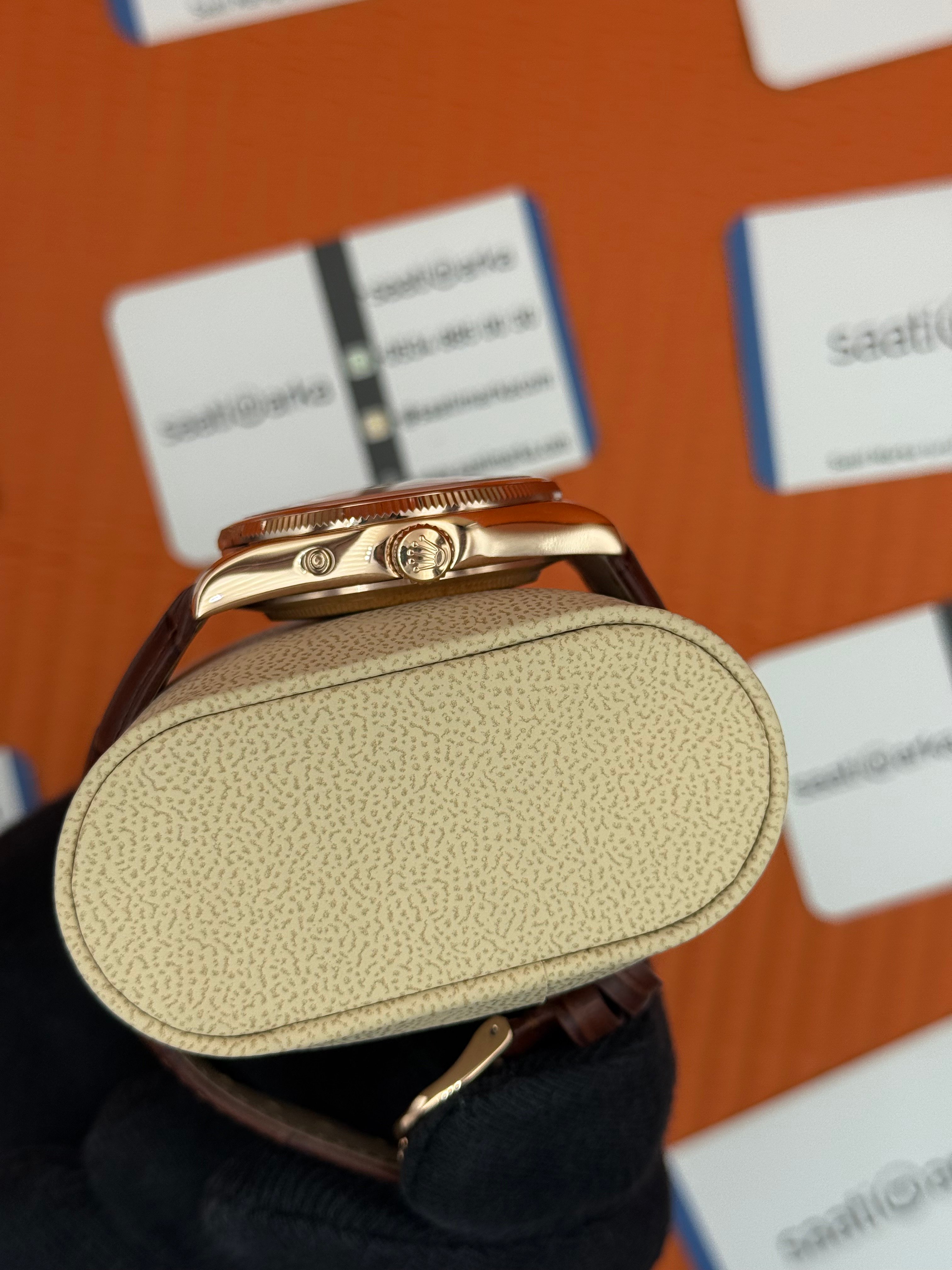 ROLEX Cellini rose kasa beyaz kadran kahverengi deri kordon