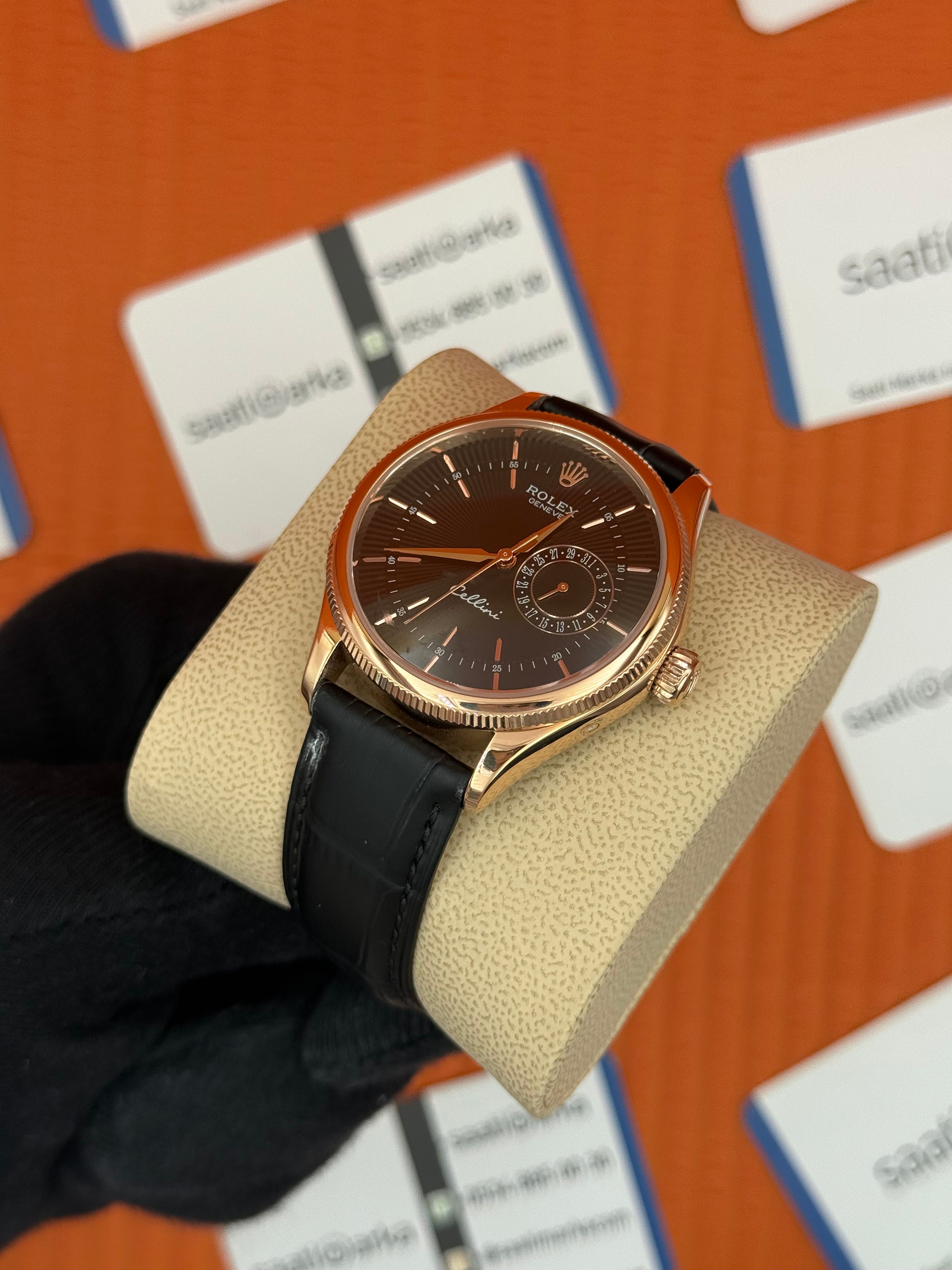 ROLEX Cellini rose kasa siyah kadran siyah deri kordon