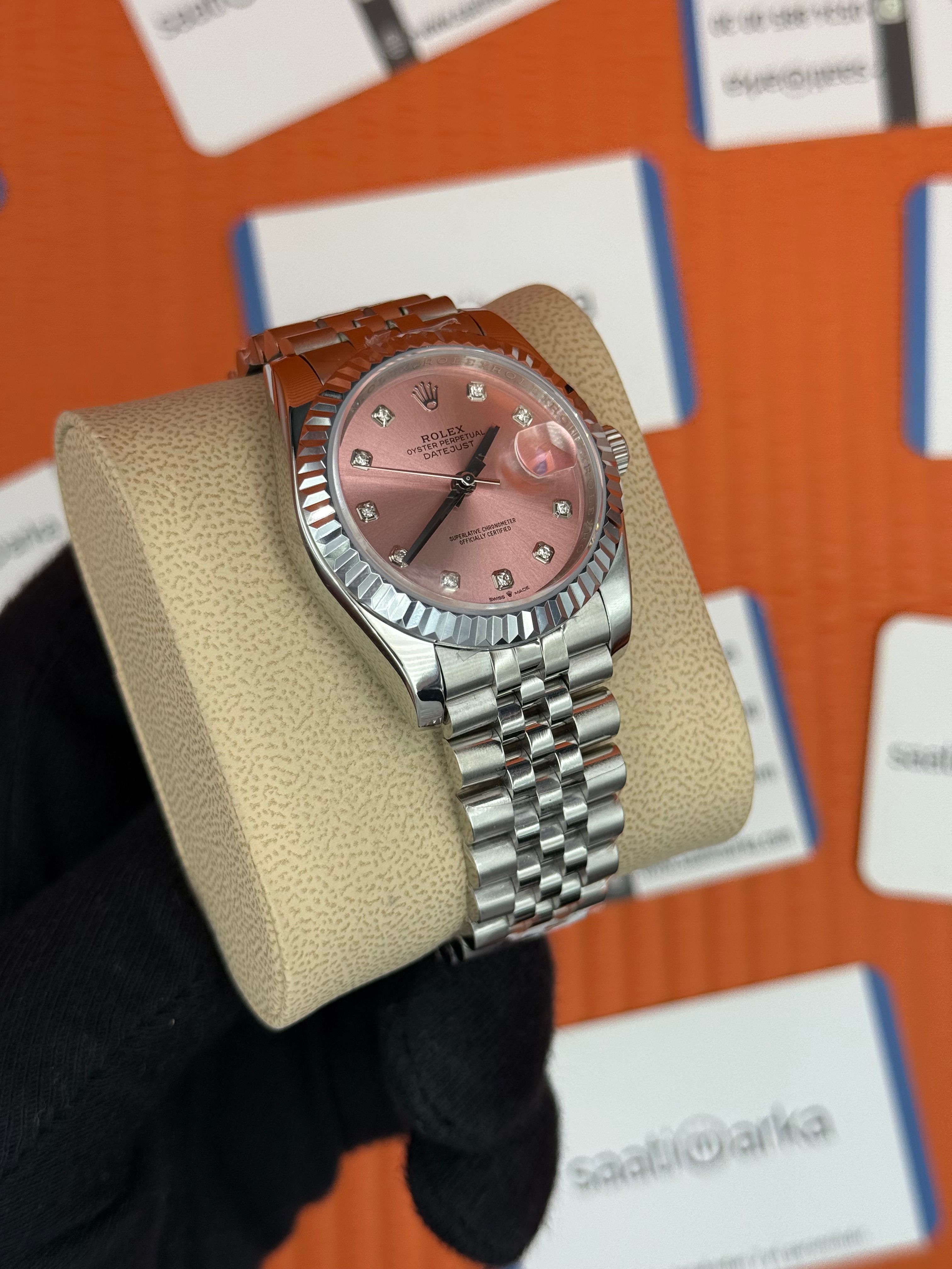 ROLEX datejust 36mm silver jubile kordon pembe baget taş kadran