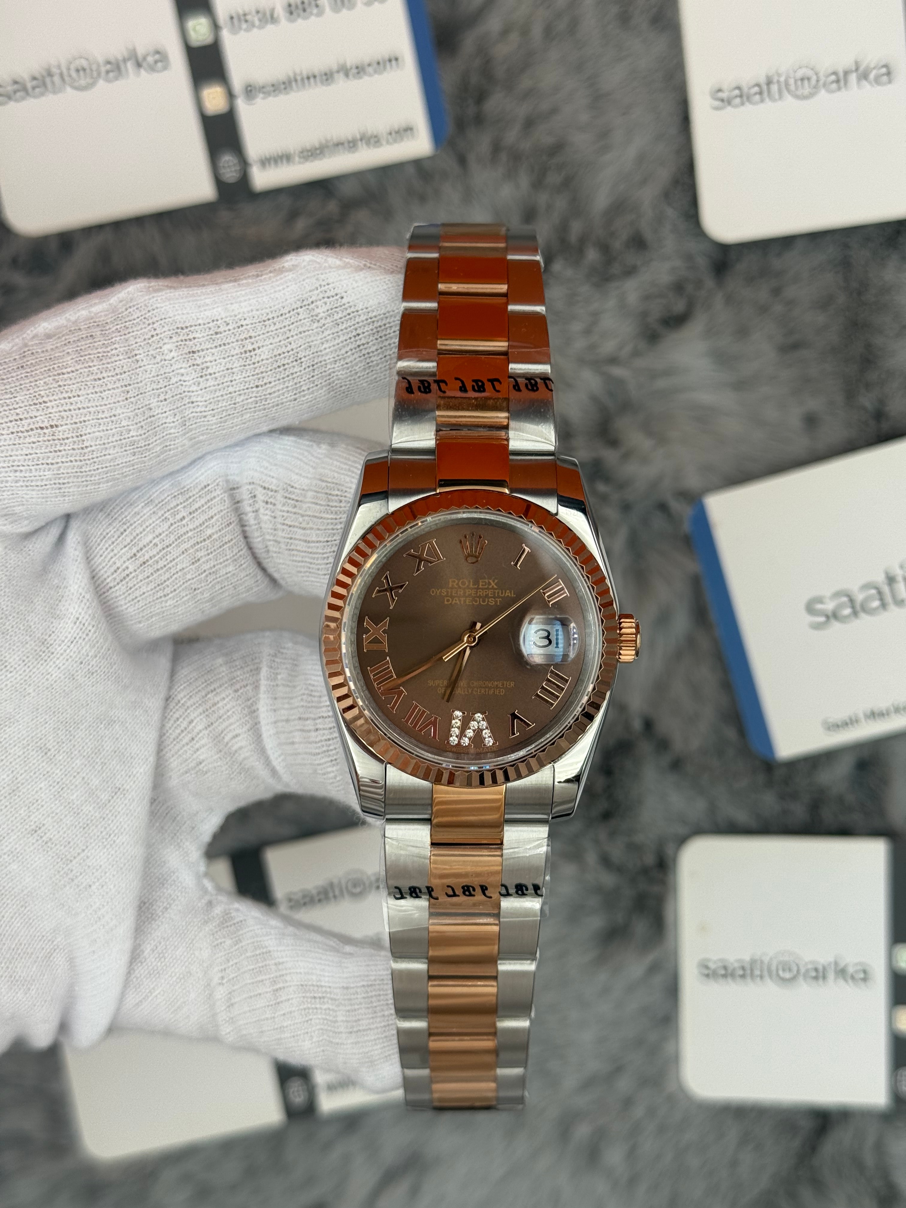 ROLEX datejust 36mm kahverengi kadran silver kasa rose silver oyster kordon 