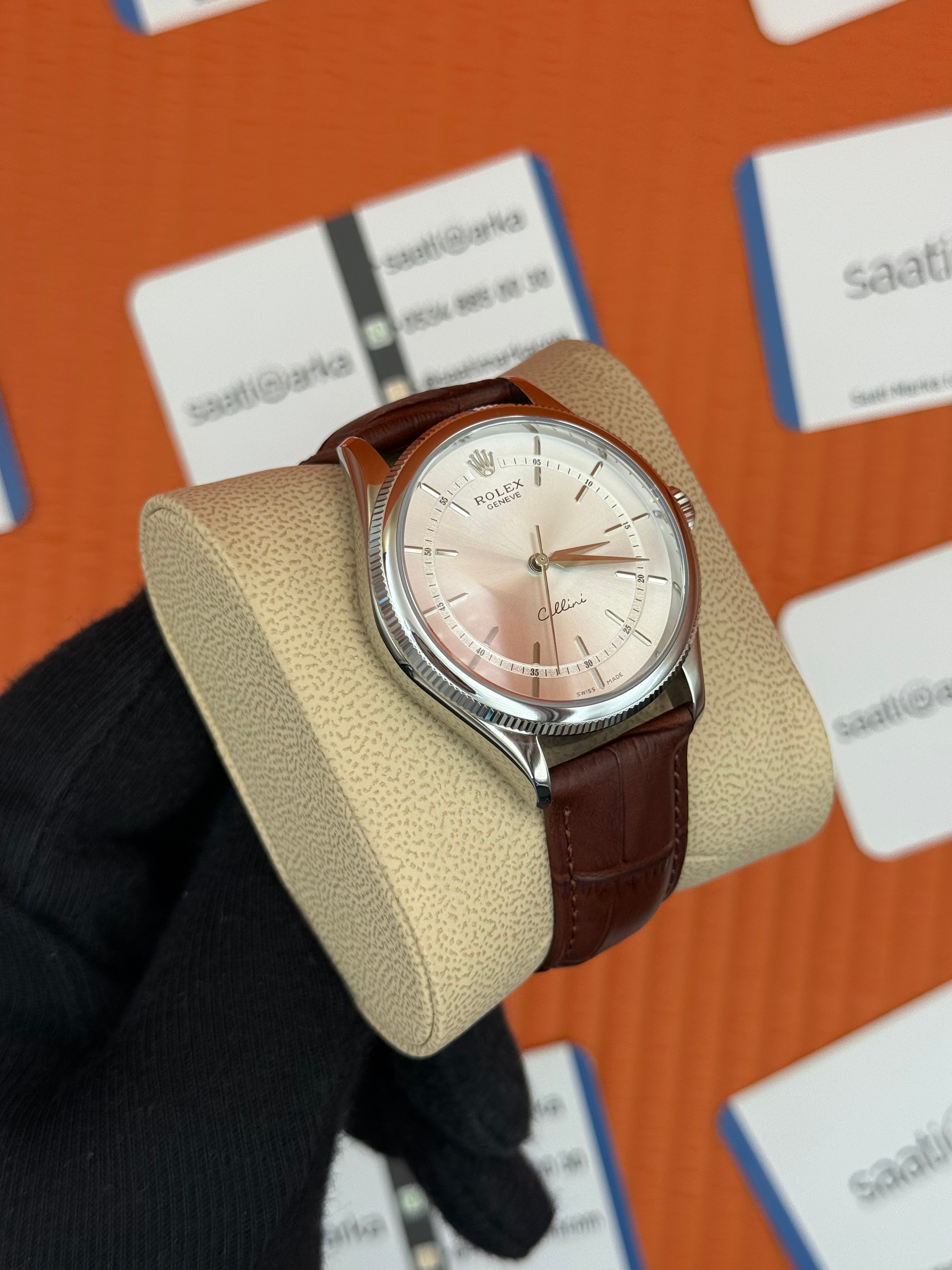ROLEX Cellini silver kasa beyaz kadran kahverengi deri kordon