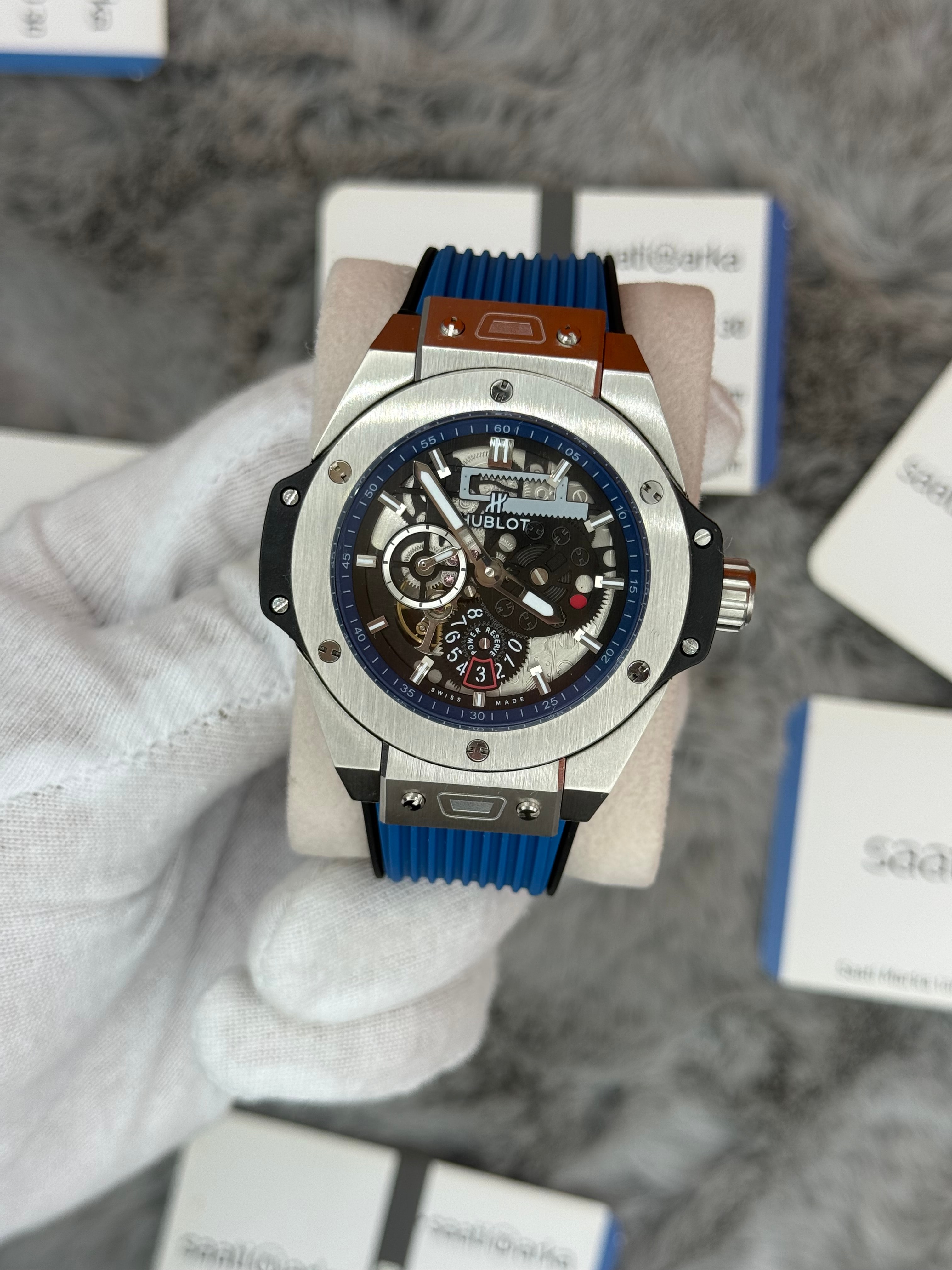 HUBLOT big bang tourbillon 42mm silver kasa mavi kauçuk kordon erkek kol saati