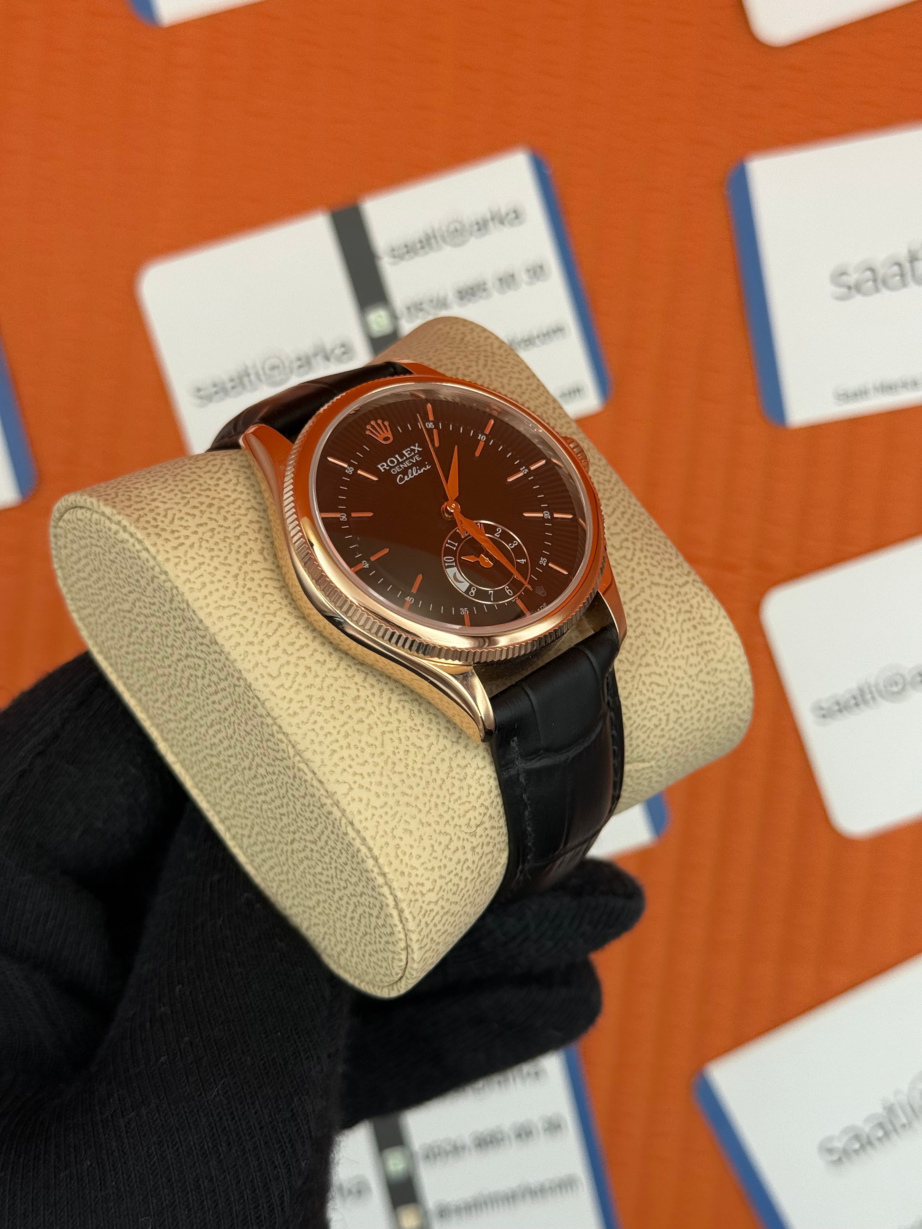 ROLEX Cellini rose kasa siyah kadran siyah deri kordon