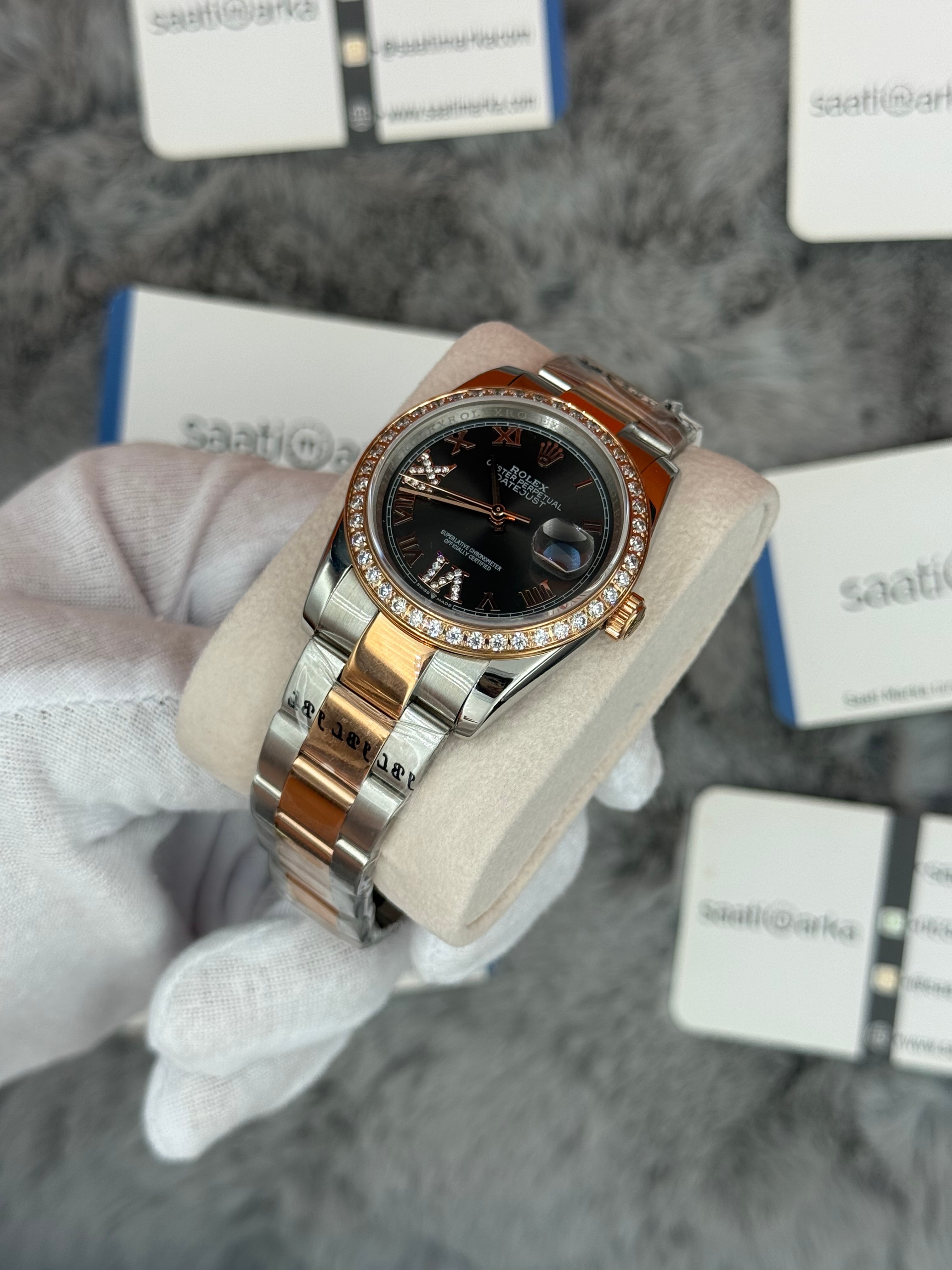 ROLEX Datejust 36mm gri kadran taşlı bezel silver kasa rose silver oyster kordon 