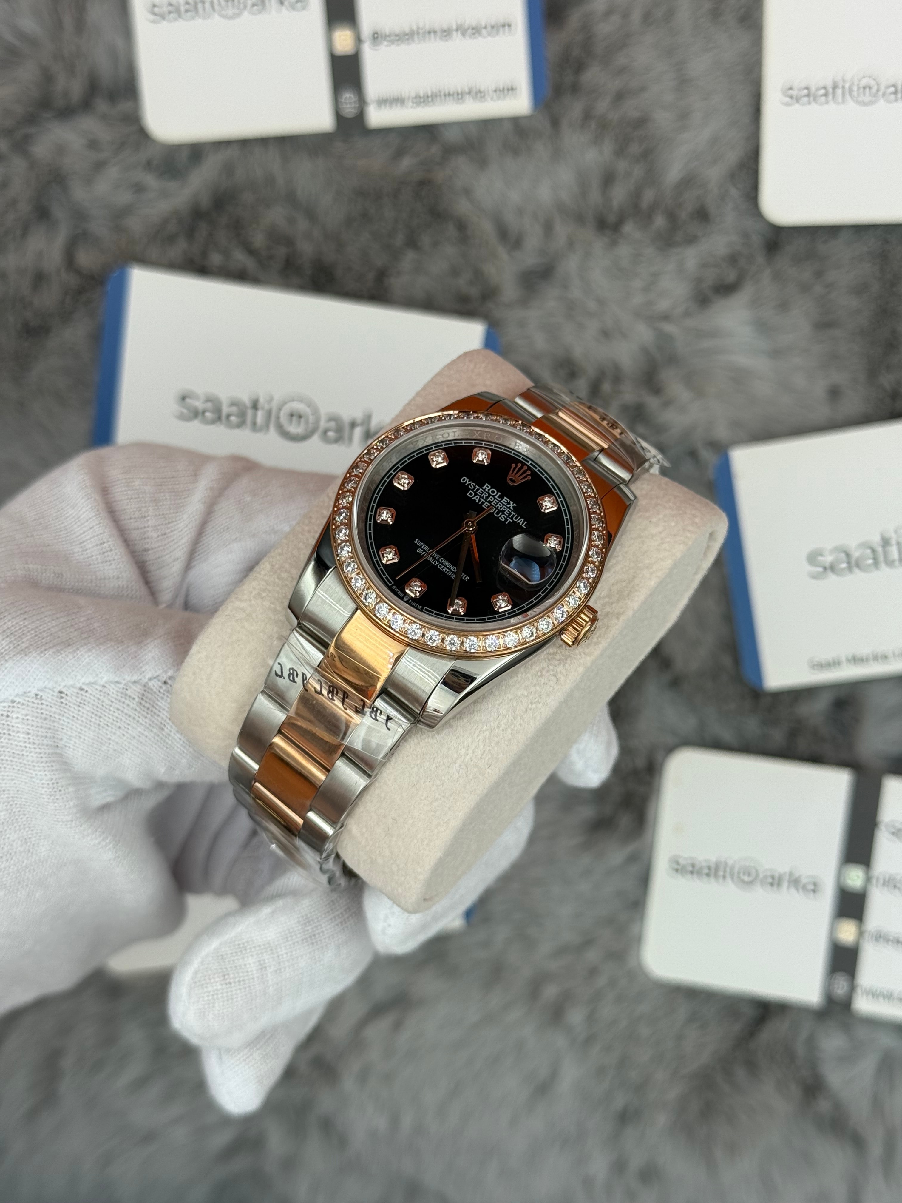 ROLEX Datejust 36mm siyah baget taşlı kadran taşlı bezel silver kasa rose silver oyster kordon 