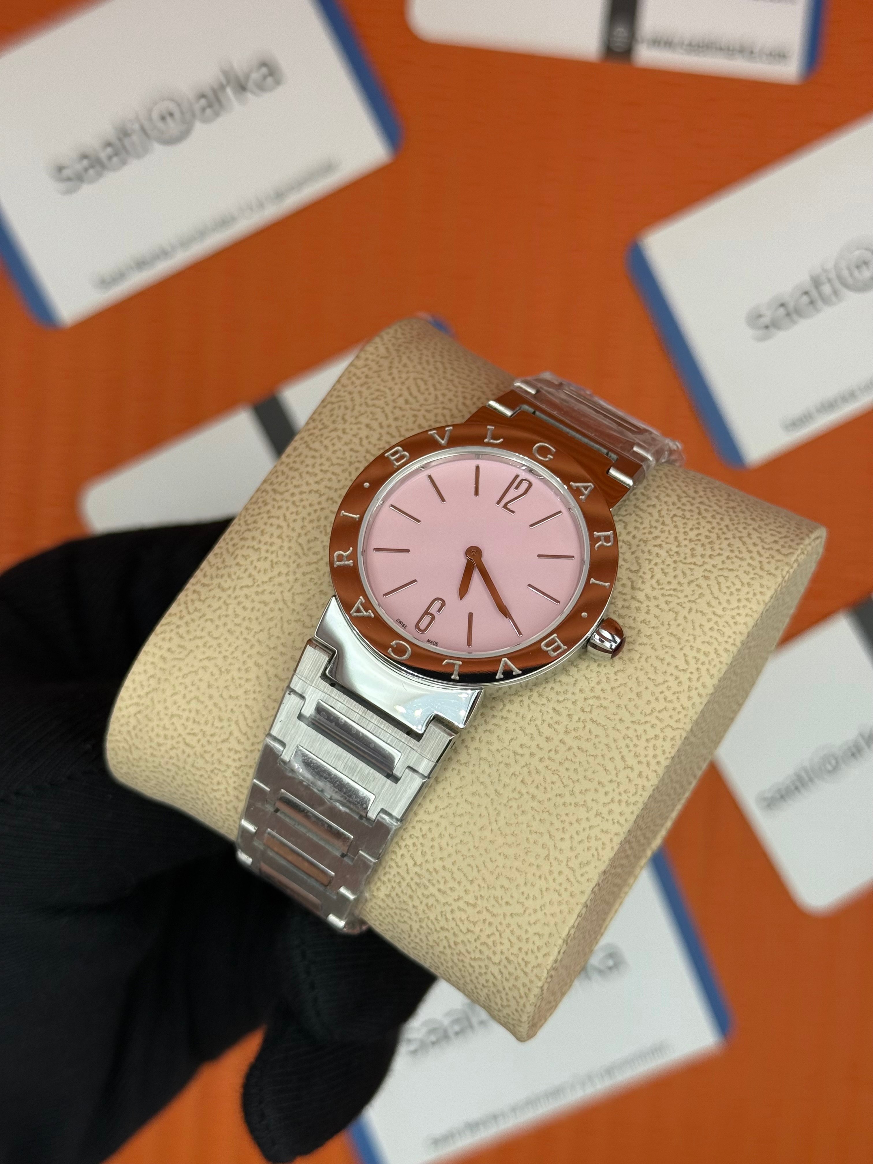 BVLGARI  toz pembe kadran silver kasa kordon kadın kol saati