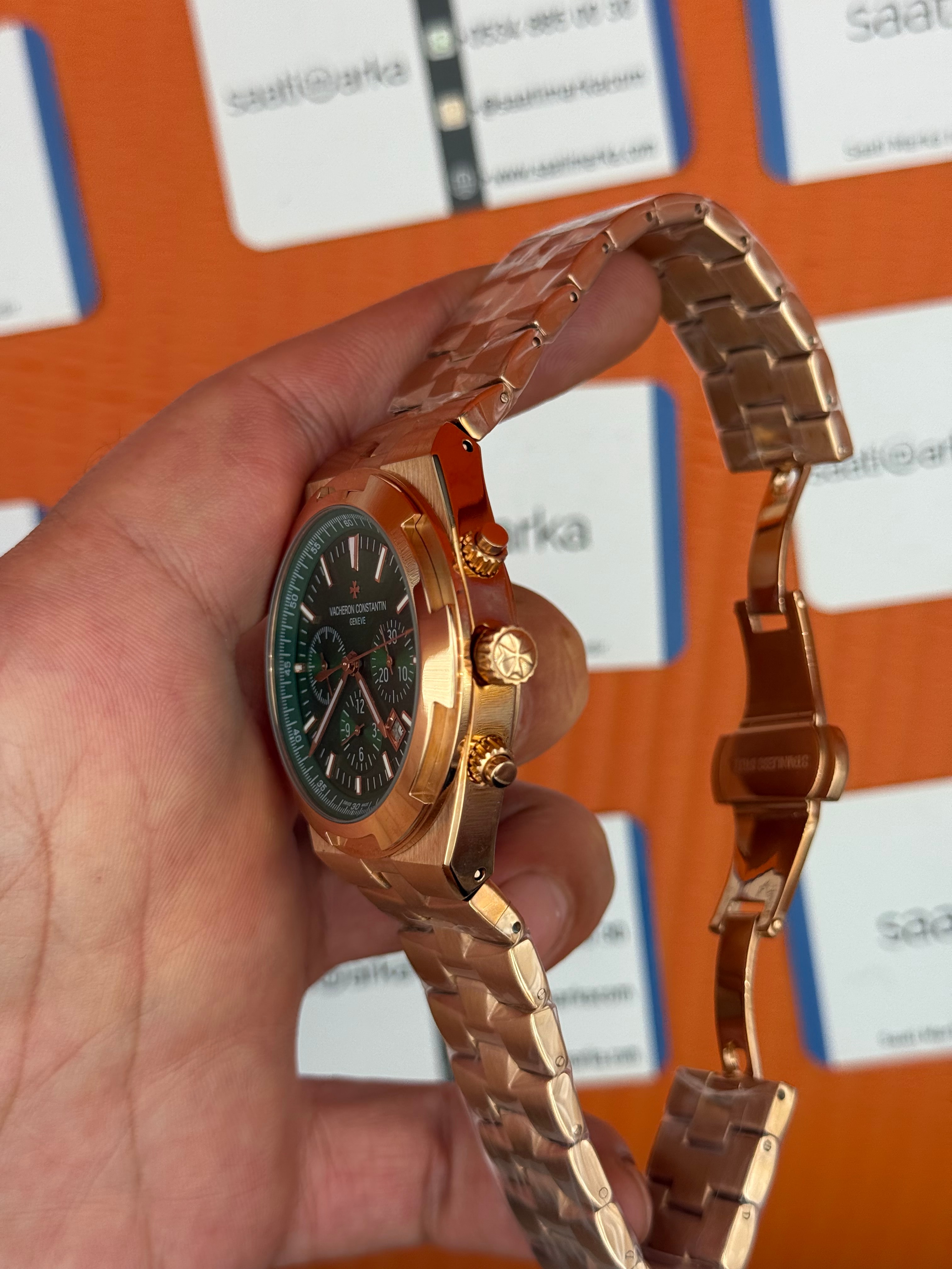 VACHERON CONSTANTIN overseas chronograph yeşil kadran rose kasa kordon erkek kol saati
