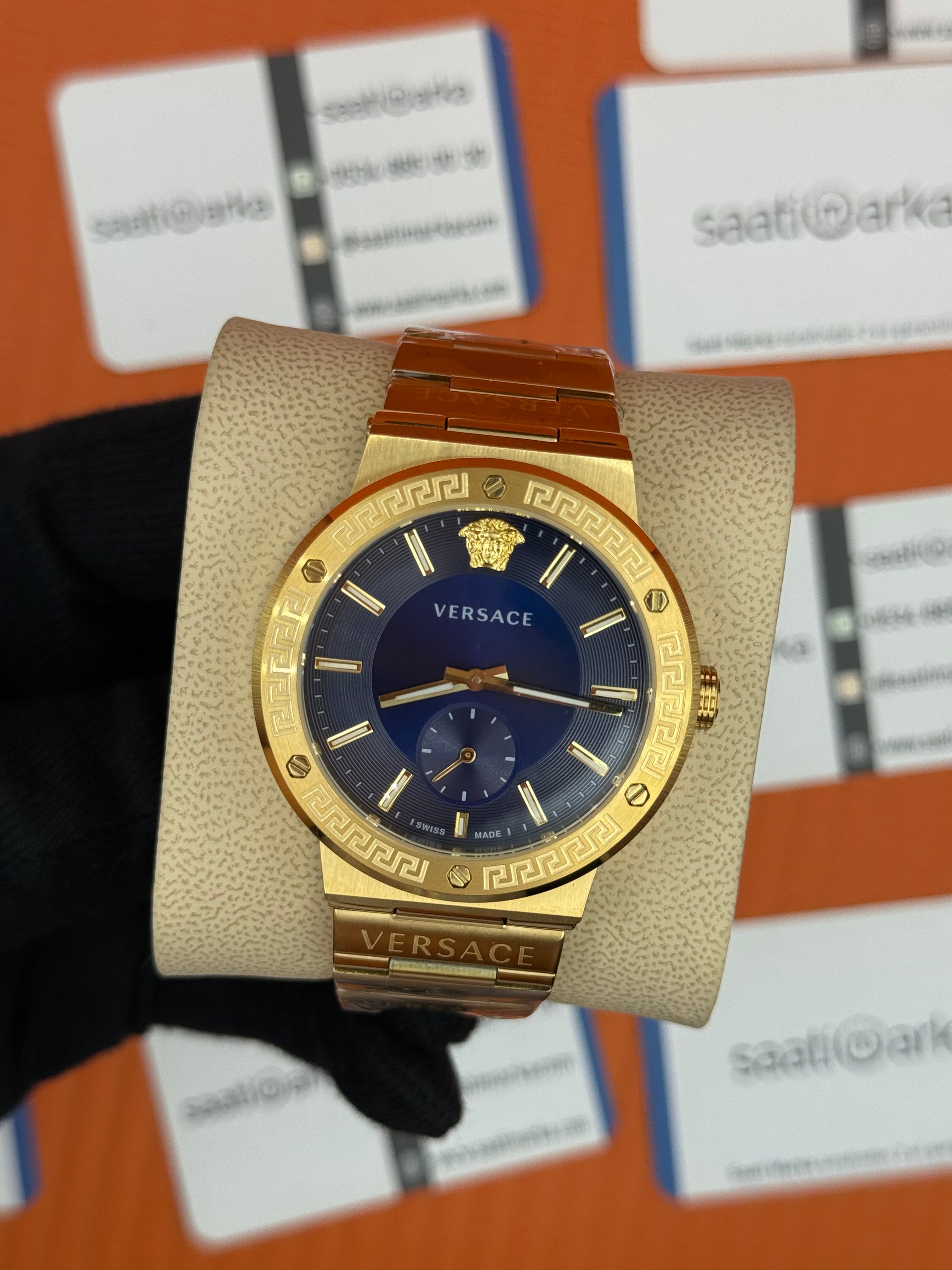 VERSACE mavi kadran gold kasa kordon erkek kol saati