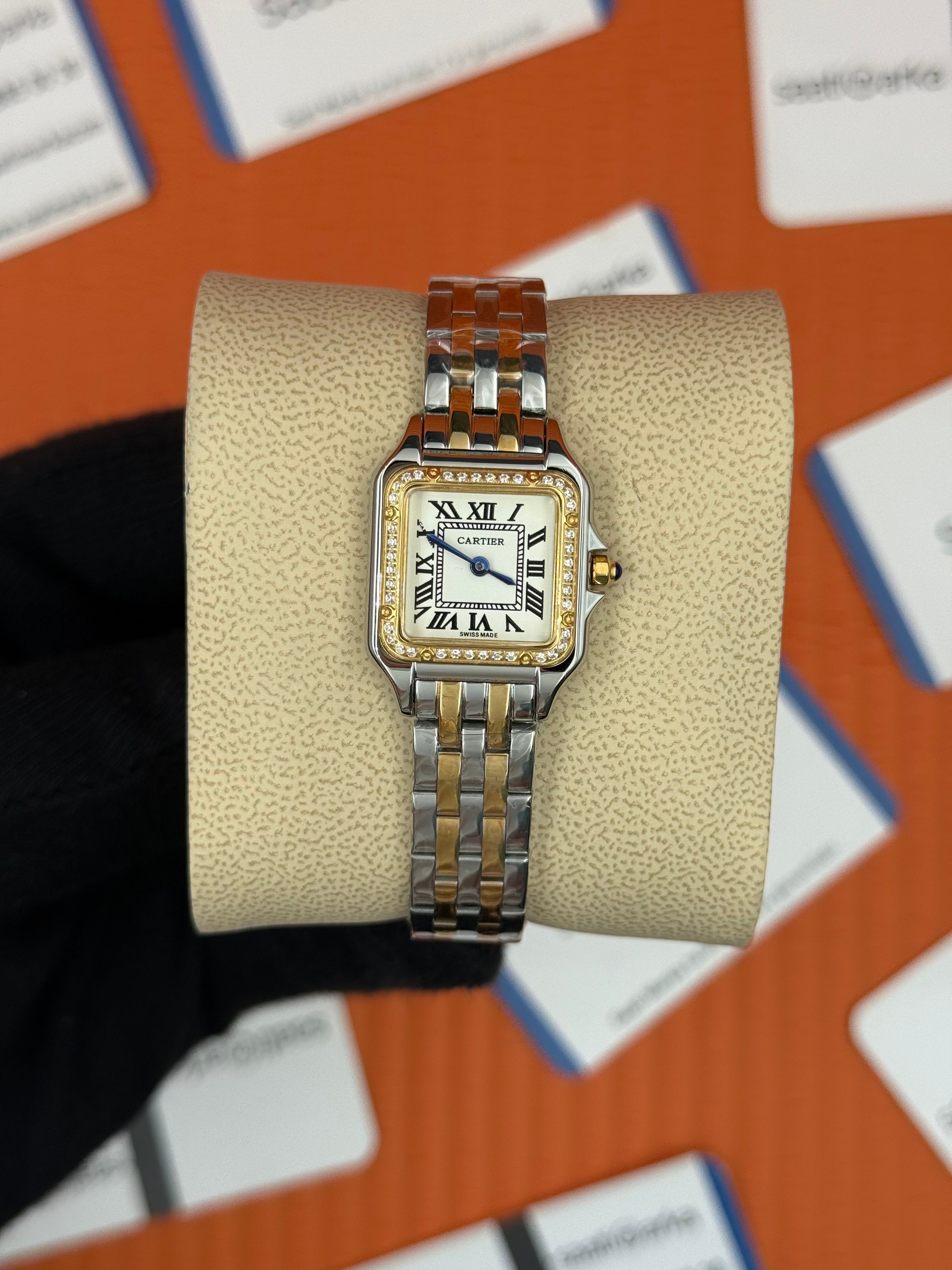 CARTIER Panthere 22mm kasa gold silver kasa kordon taşlı bezel beyaz kadran lacivert akrep yelkovan 