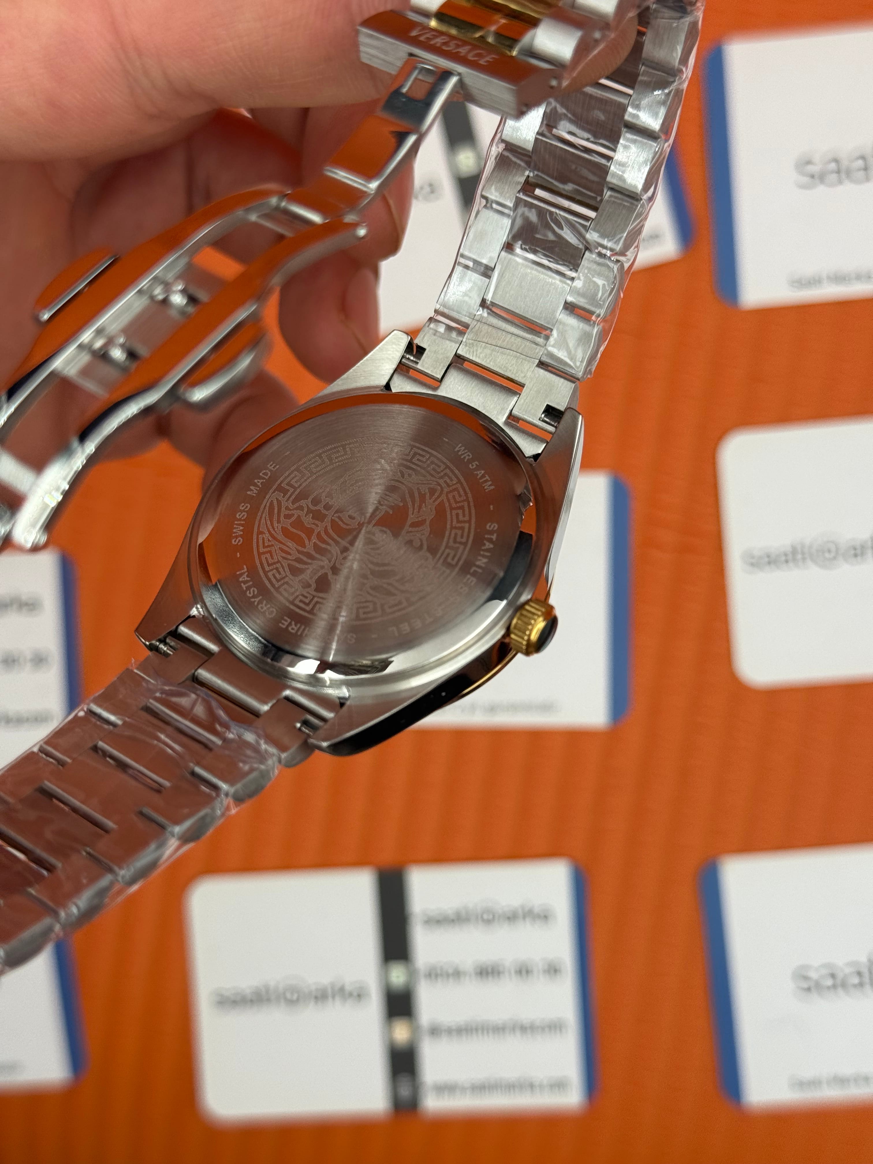 VERSACE 40mm turkuaz kadran gold silver kasa kordon erkek kol saati