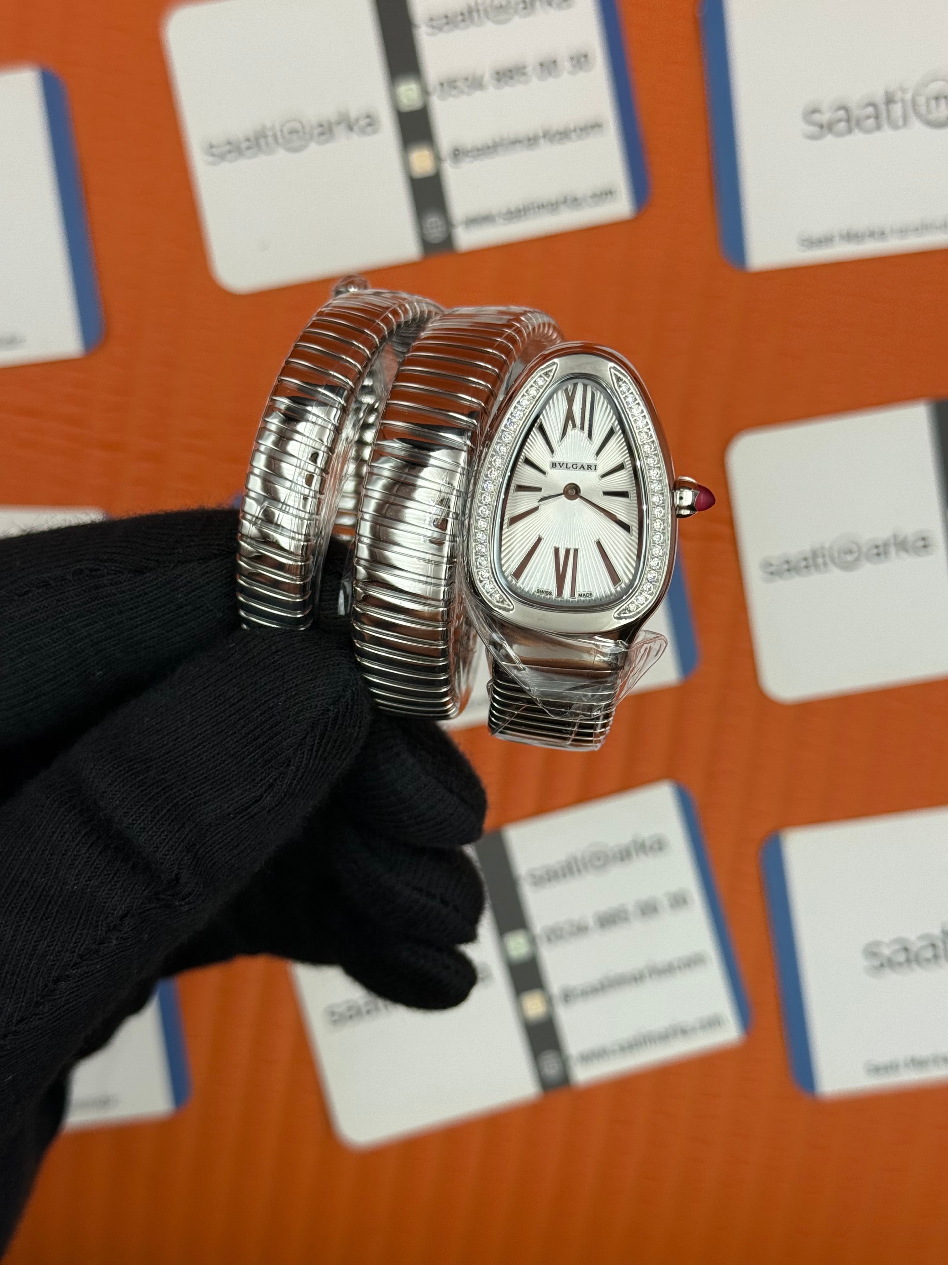 BVLGARİ serpenti çift sarma silver kordon taşlı bezel beyaz kadran kadın kol saati