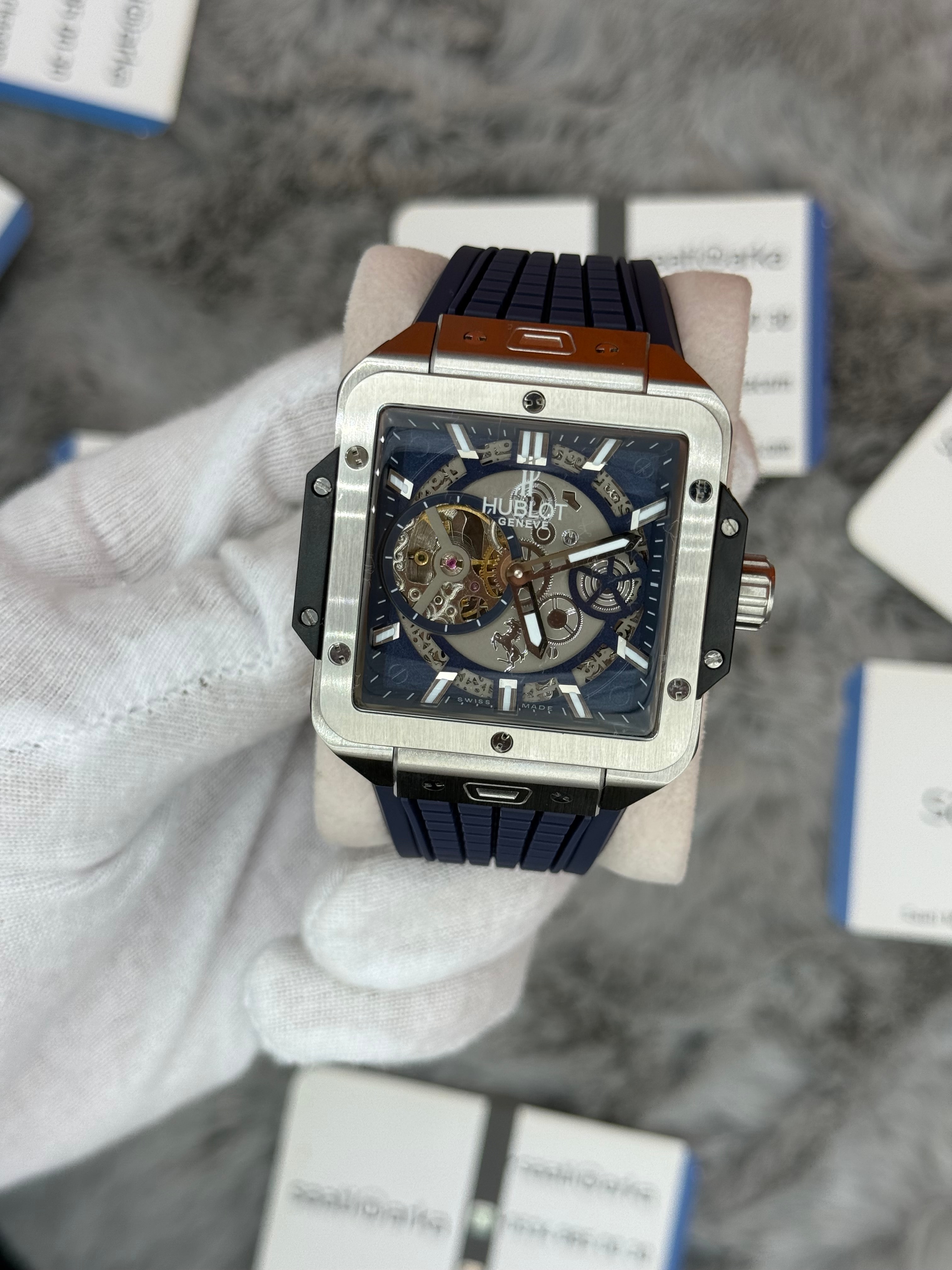 HUBLOT square bang tourbillon 42mm silver kasa lacivert kauçuk kordon erkek kol saati
