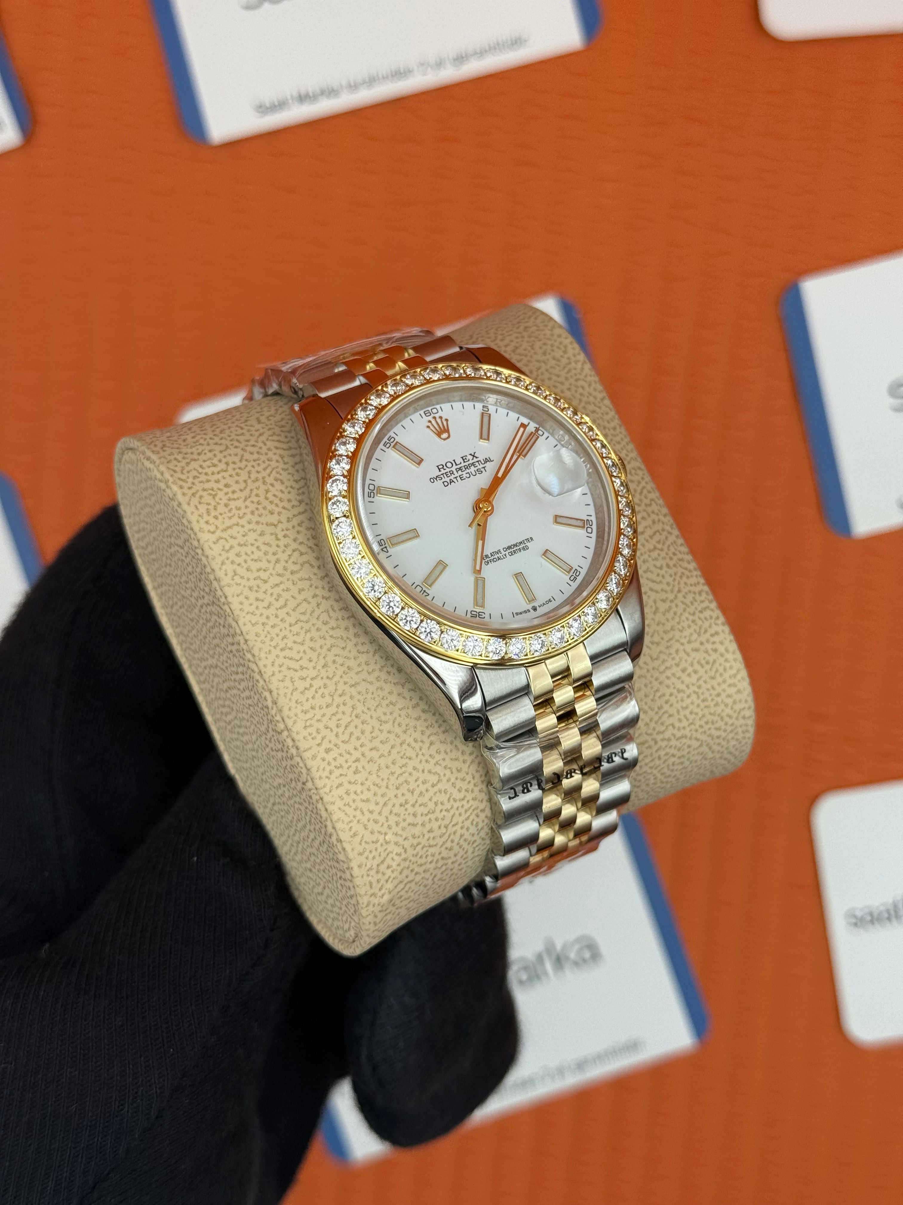 ROLEX Datejust taşlı bezel white dial gold-silver jubilee kordon