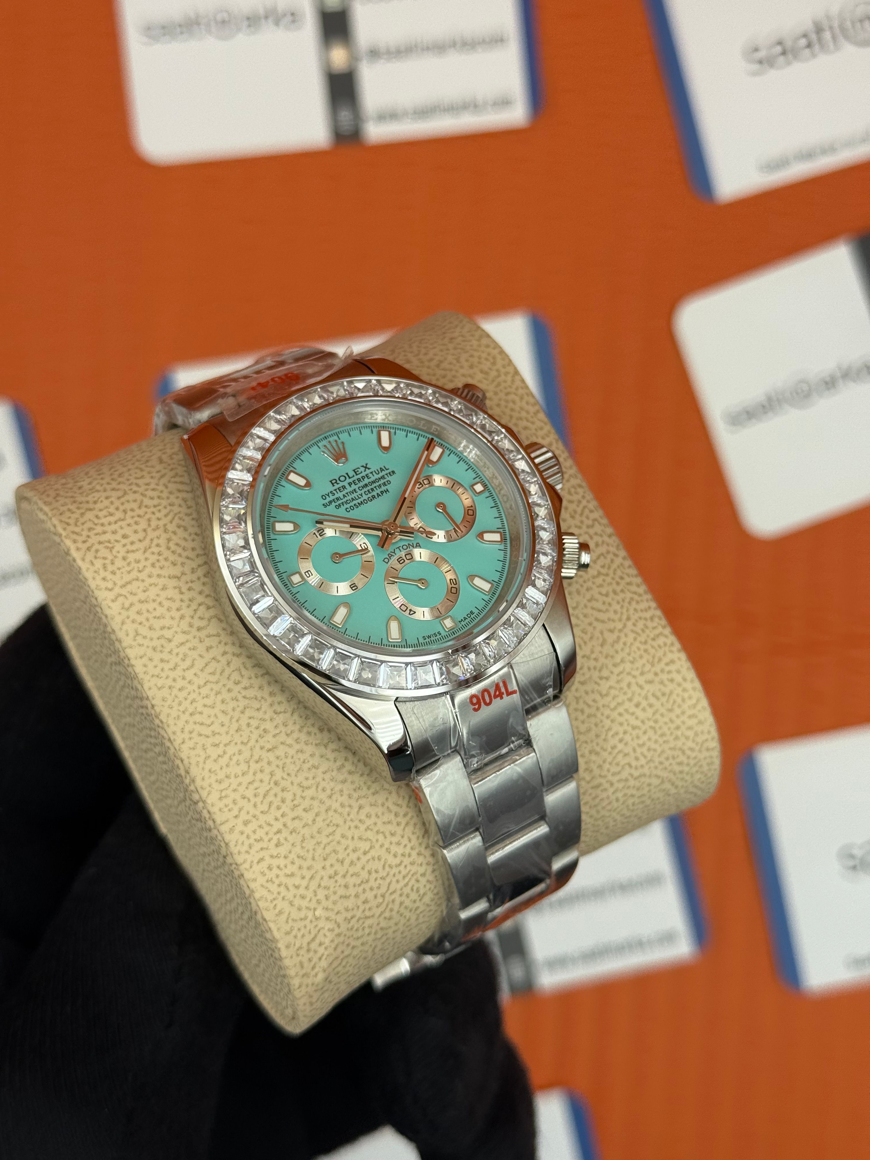 ROLEX Daytona taşlı bezel turguoise dial silver kasa-kordon
