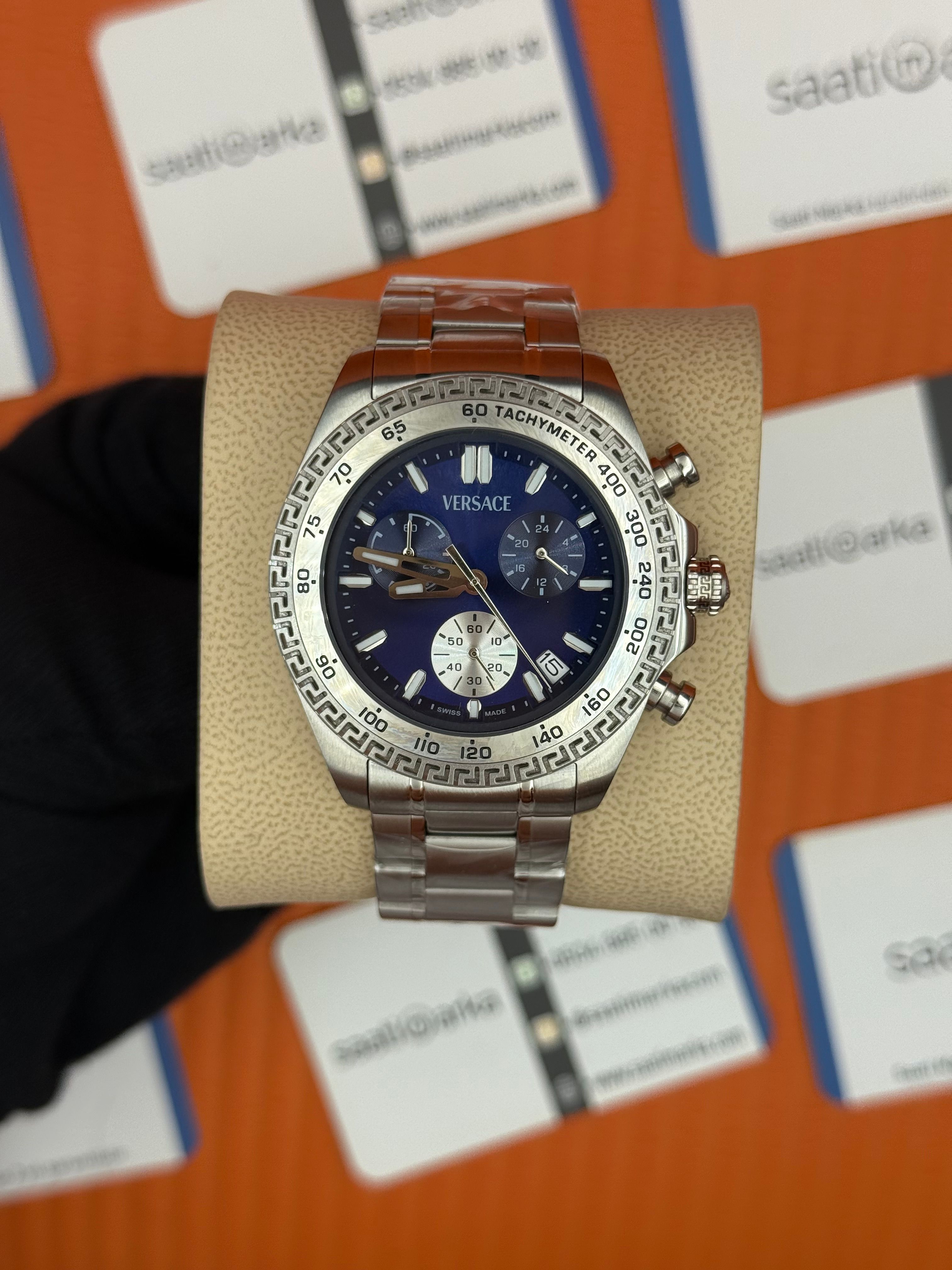 VERSACE mavi kadran silver kasa kordon erkek kol saati
