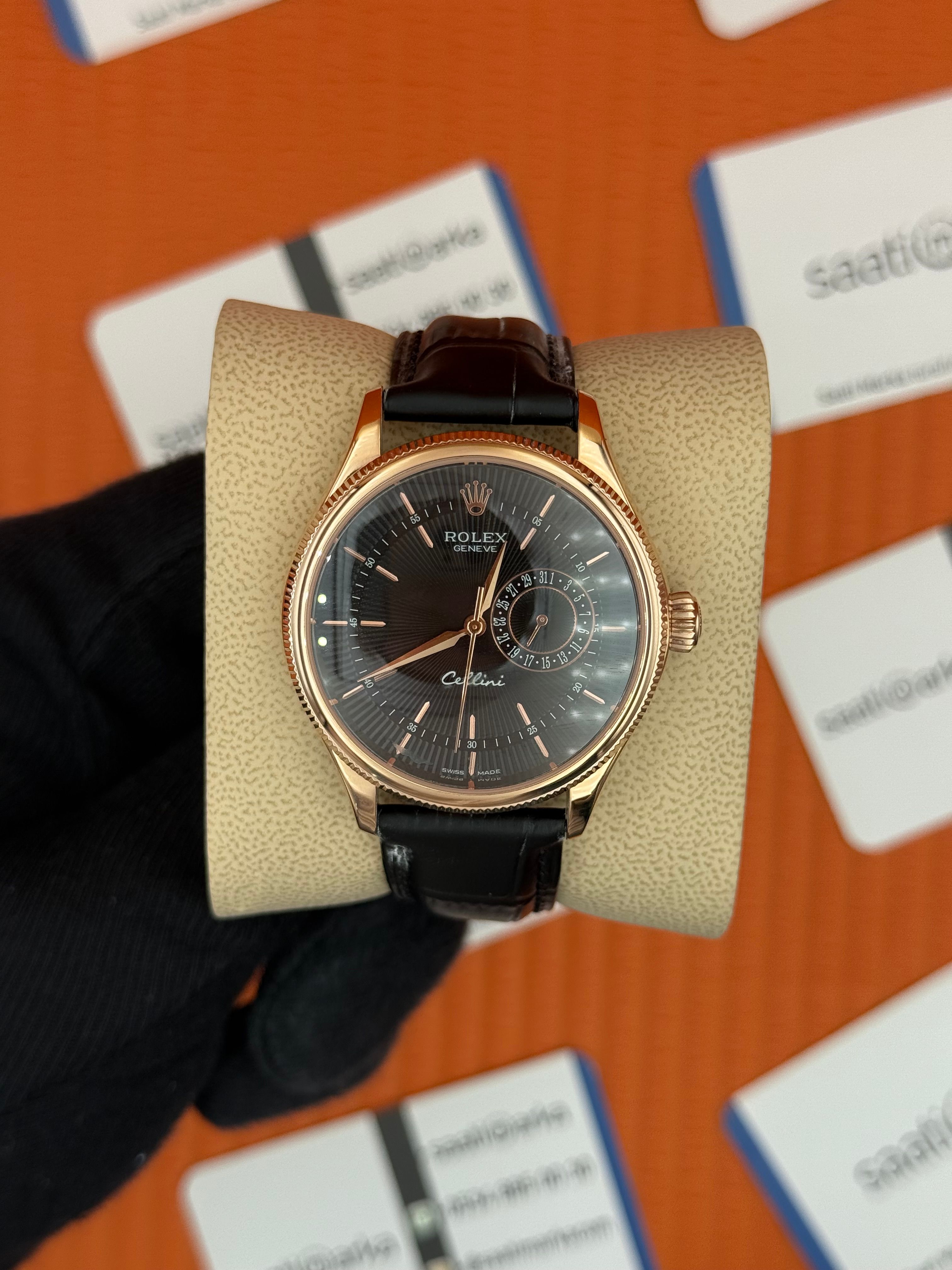ROLEX Cellini rose kasa siyah kadran siyah deri kordon