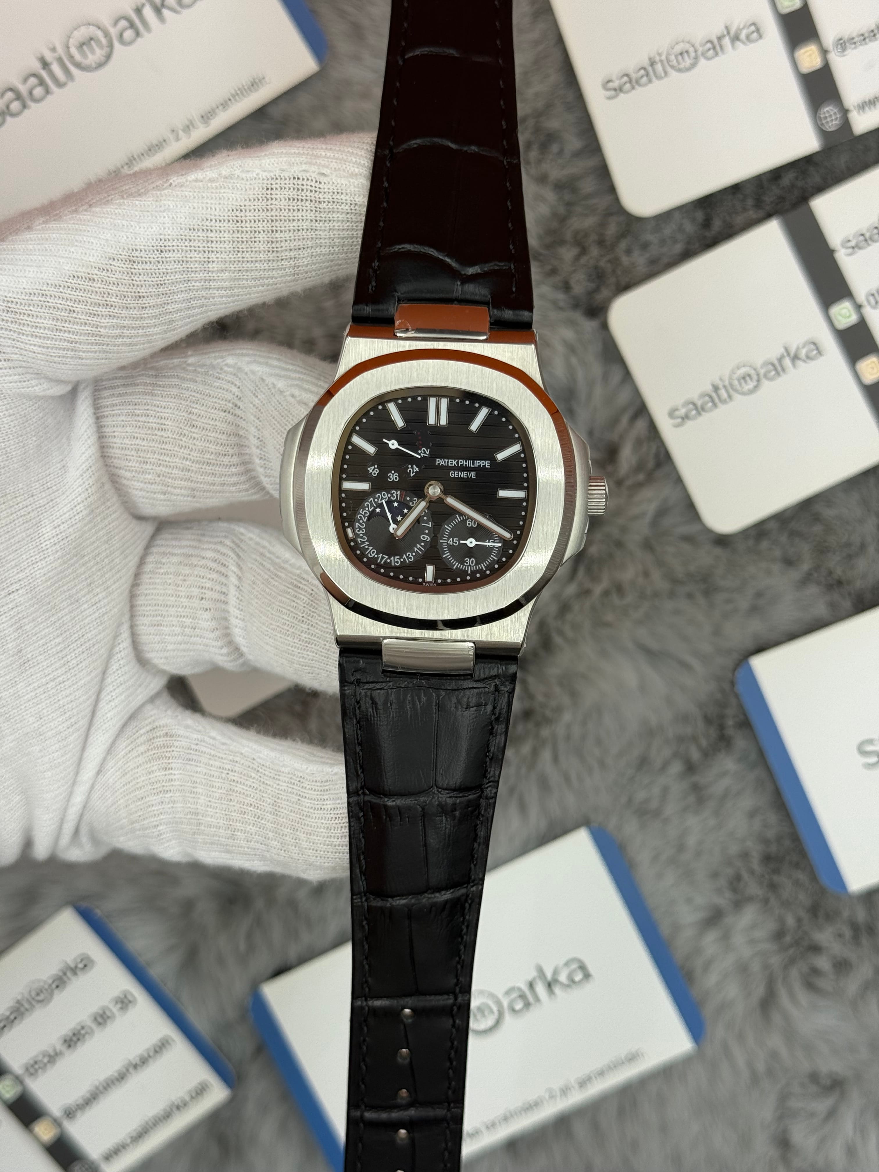 PATEK PHİLİPPE nautilus moontphase 5712 siyah kadran siyah deri kordon silver kasa 40mm erkek kol saati