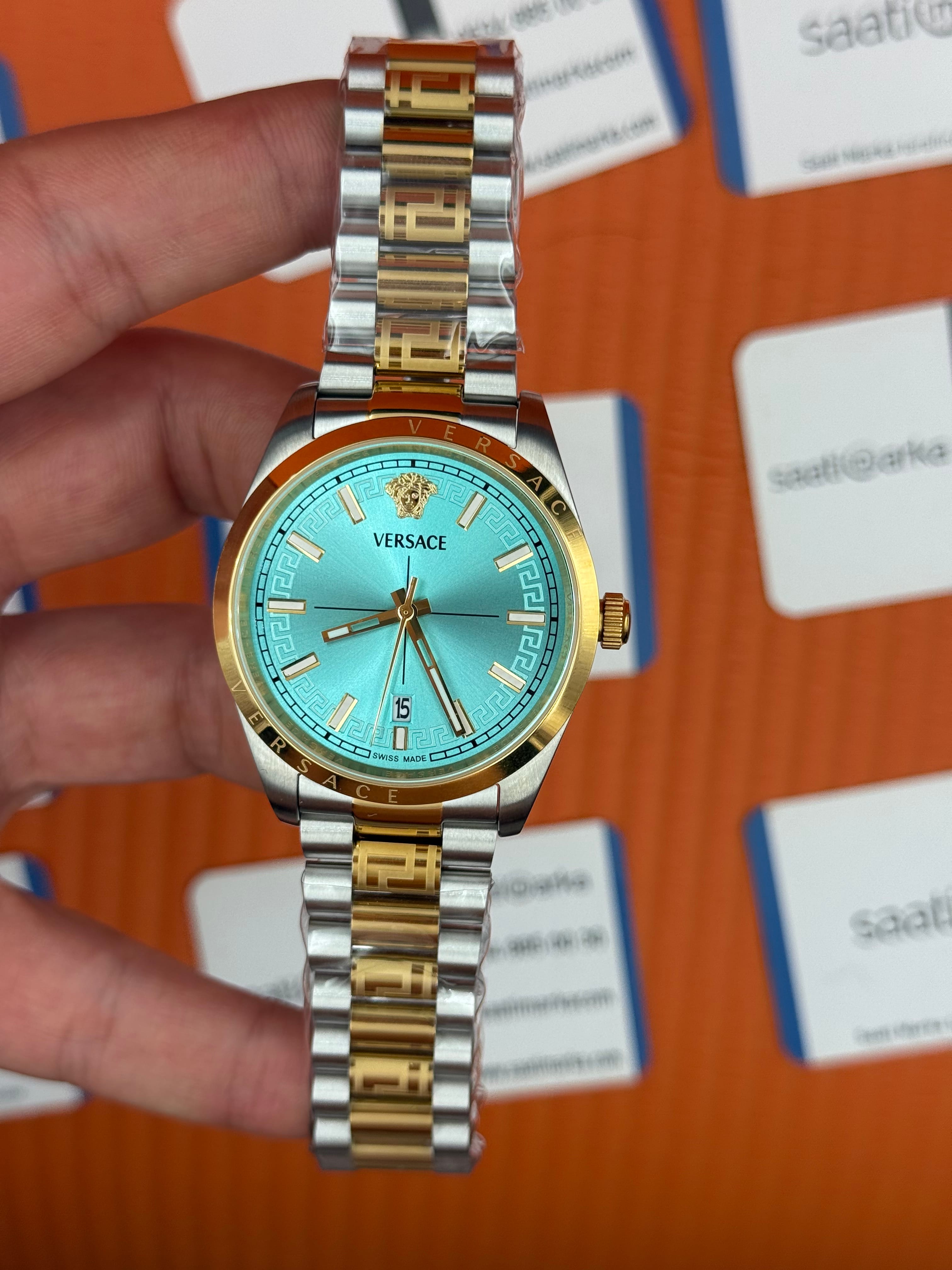 VERSACE 40mm turkuaz kadran gold silver kasa kordon erkek kol saati