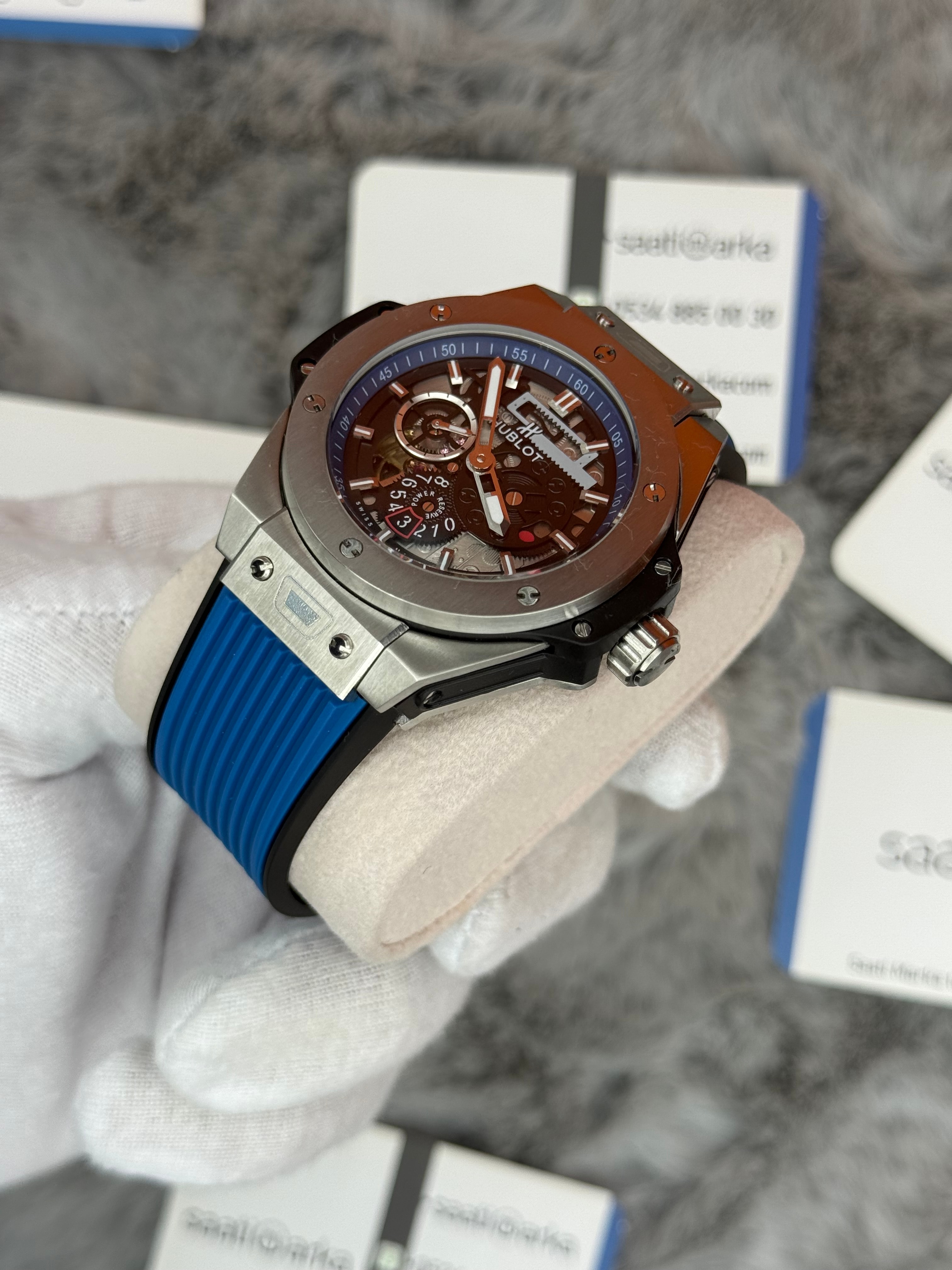 HUBLOT big bang tourbillon 42mm silver kasa mavi kauçuk kordon erkek kol saati