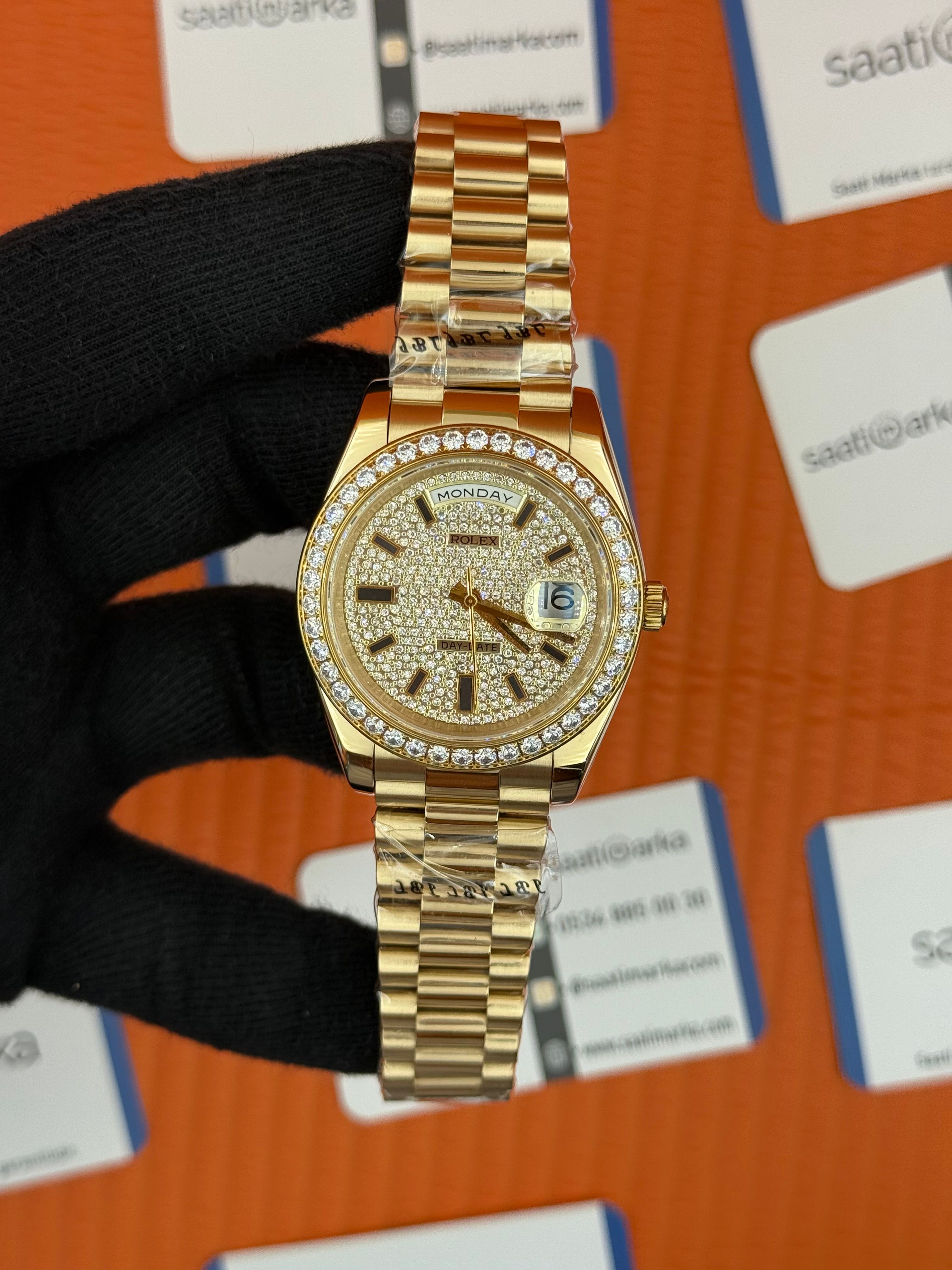 ROLEX Day Date taşlı kadran-bezel gold president kordon