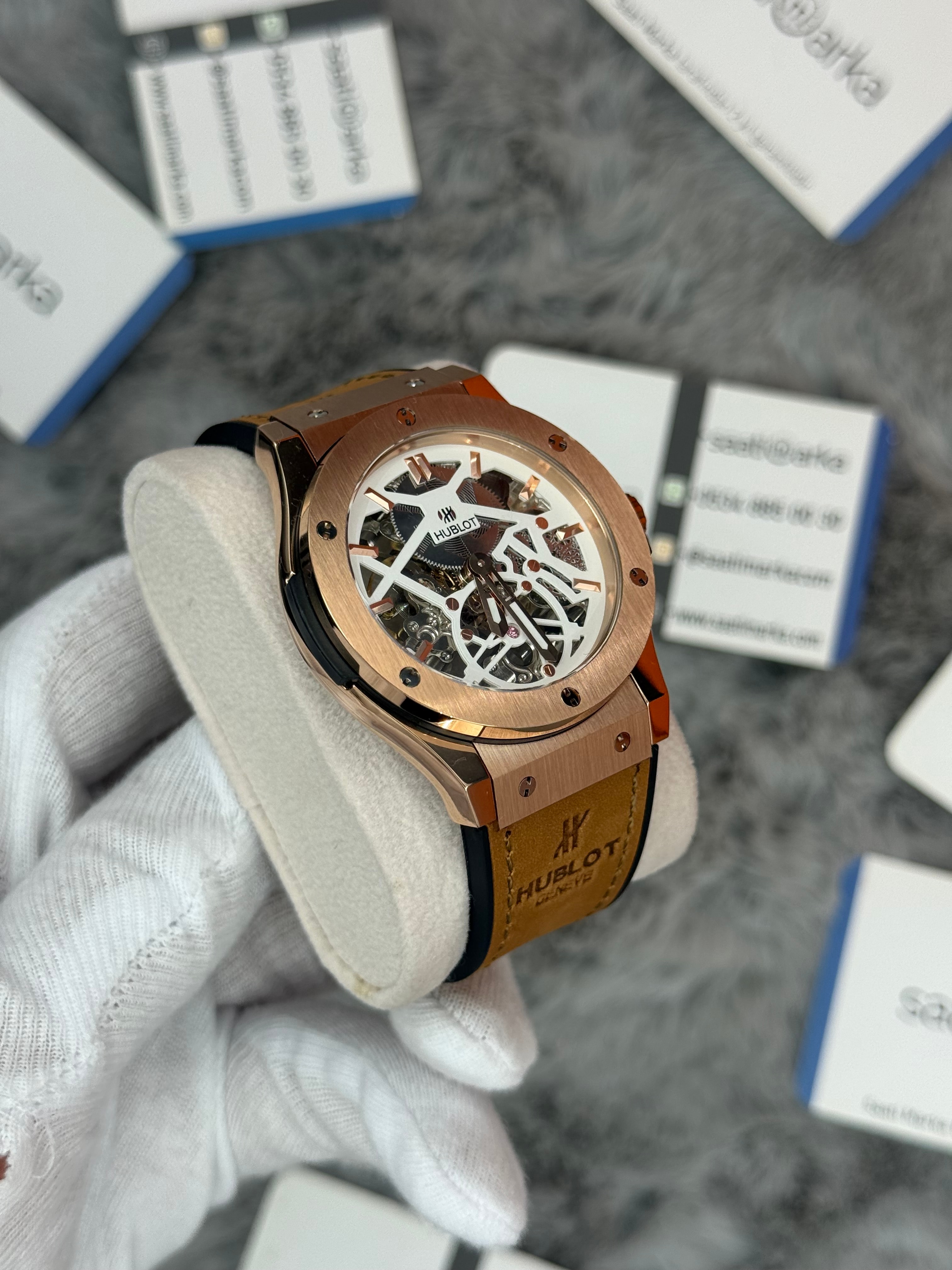 HUBLOT big bang tourbillon 41mm rose kasa kahverengi deri kordon erkek kol saati