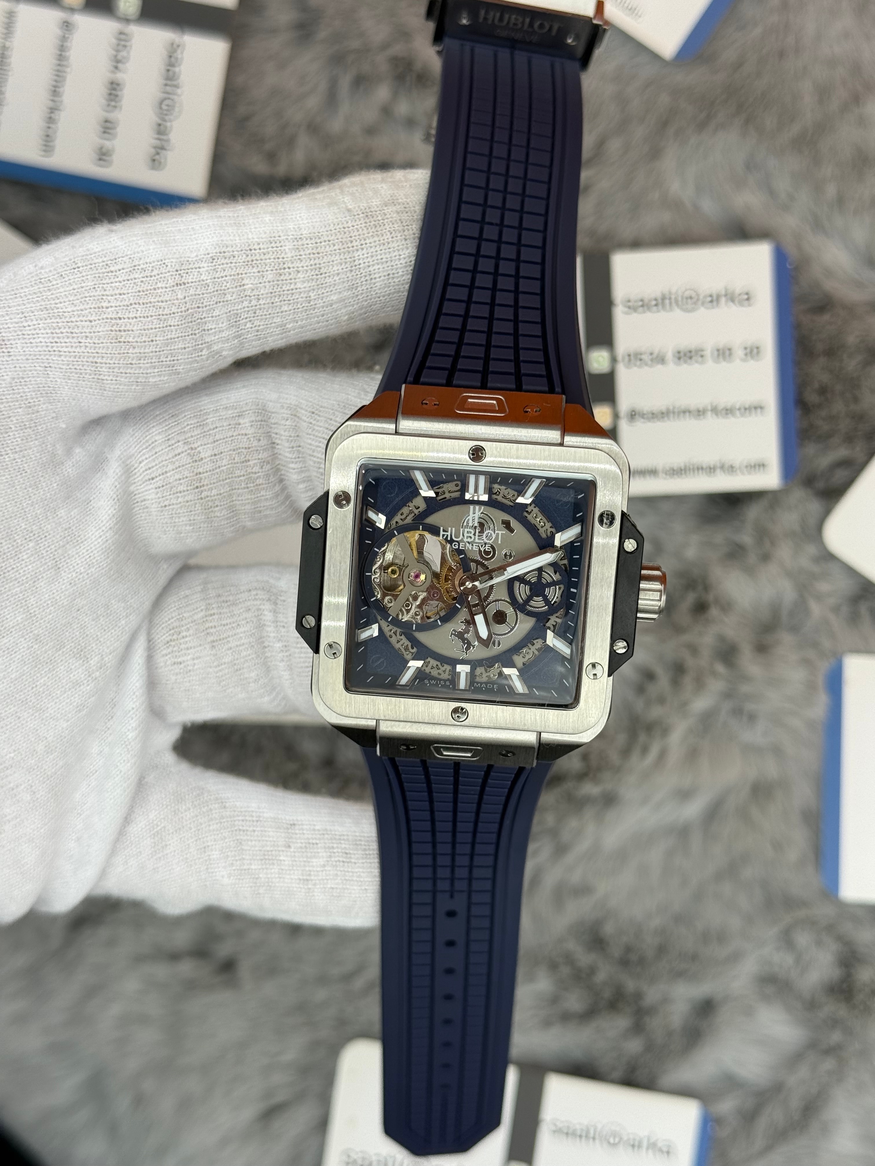 HUBLOT square bang tourbillon 42mm silver kasa lacivert kauçuk kordon erkek kol saati