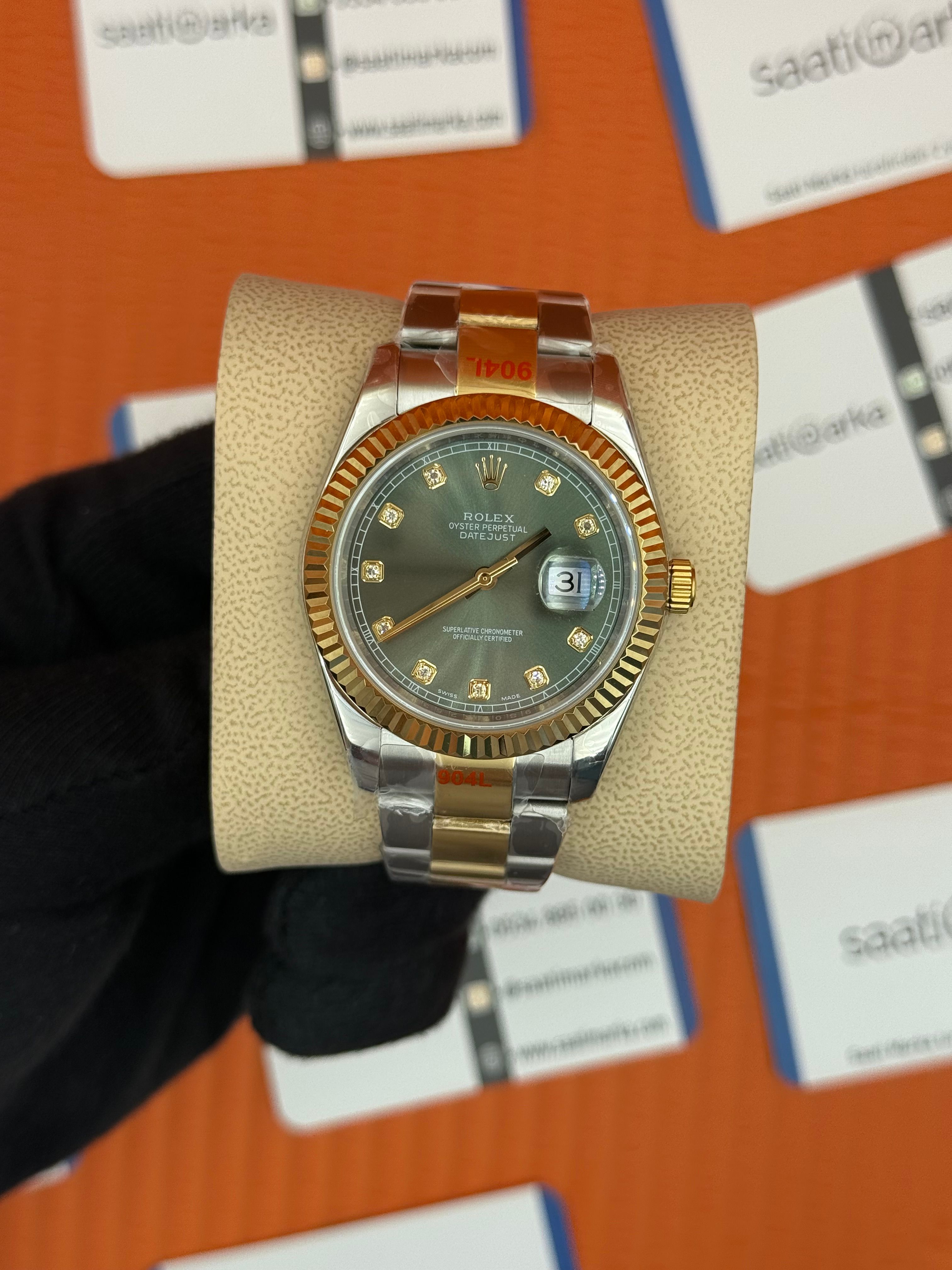 ROLEX Datejust baget taşlı green dial gold-silver oyster kordon
