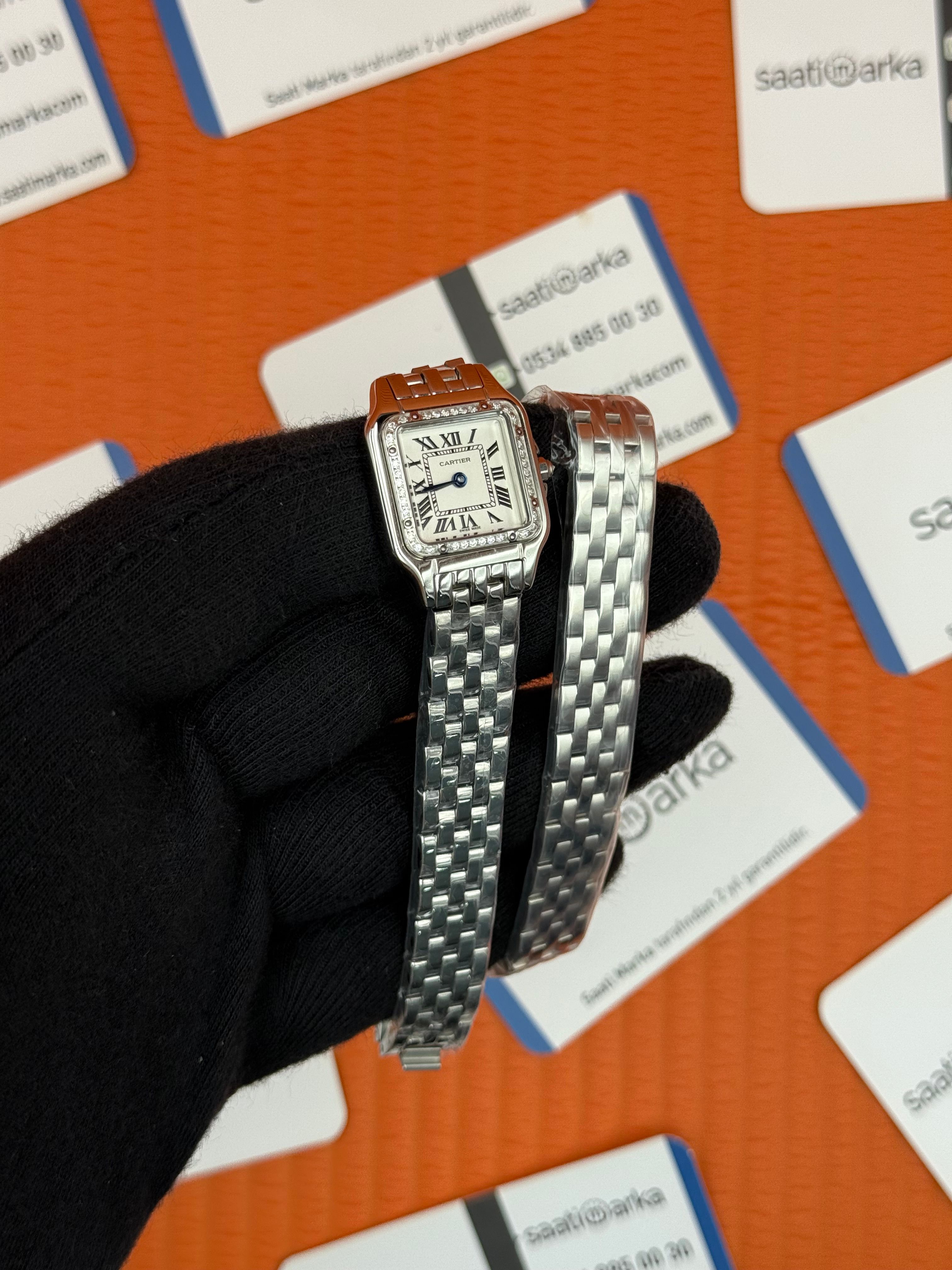 CARTIER Panthere 22mm çift sarma silver kordon taşlı bezel silver kasa 