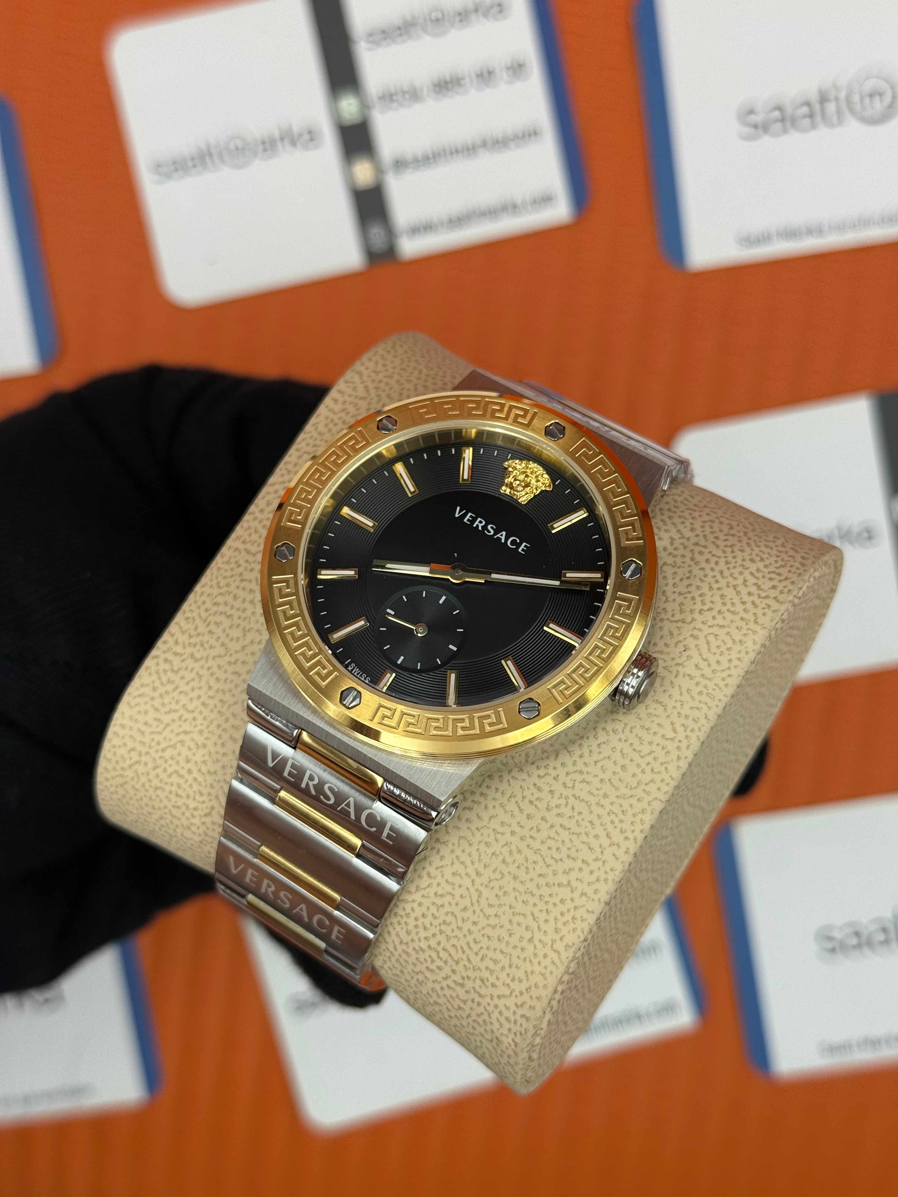 VERSACE siyah kadran gold silver kasa kordon erkek kol saati