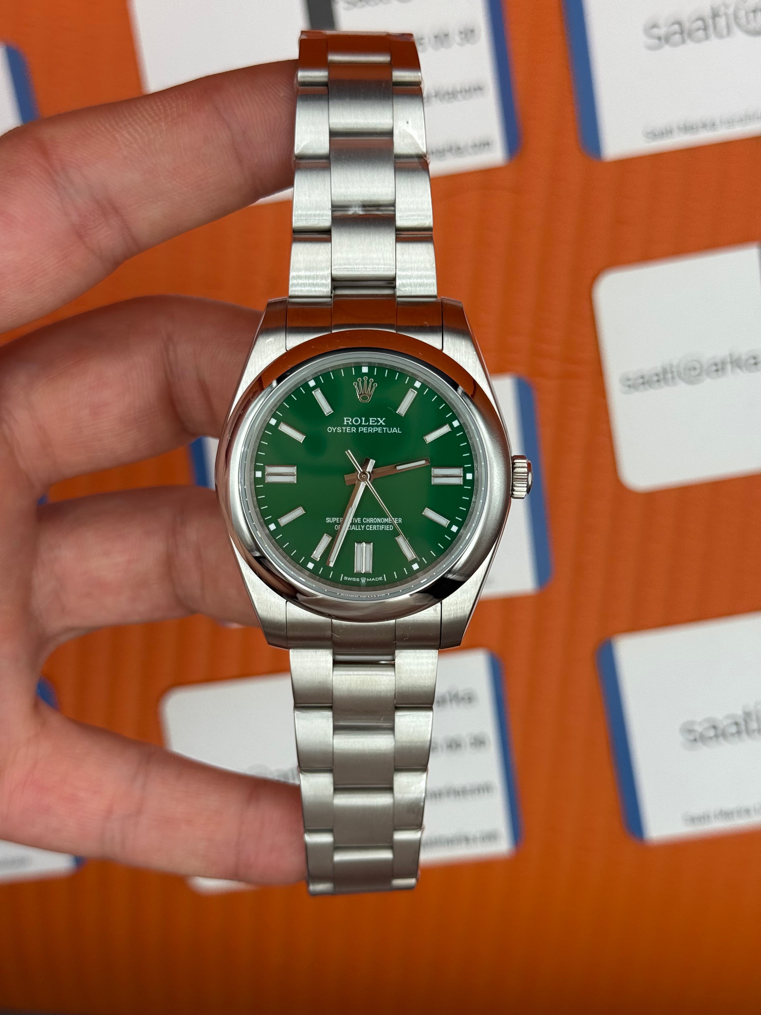 ROLEX oyster perpetual yeşil kadran silver kasa kordon erkek kol sati