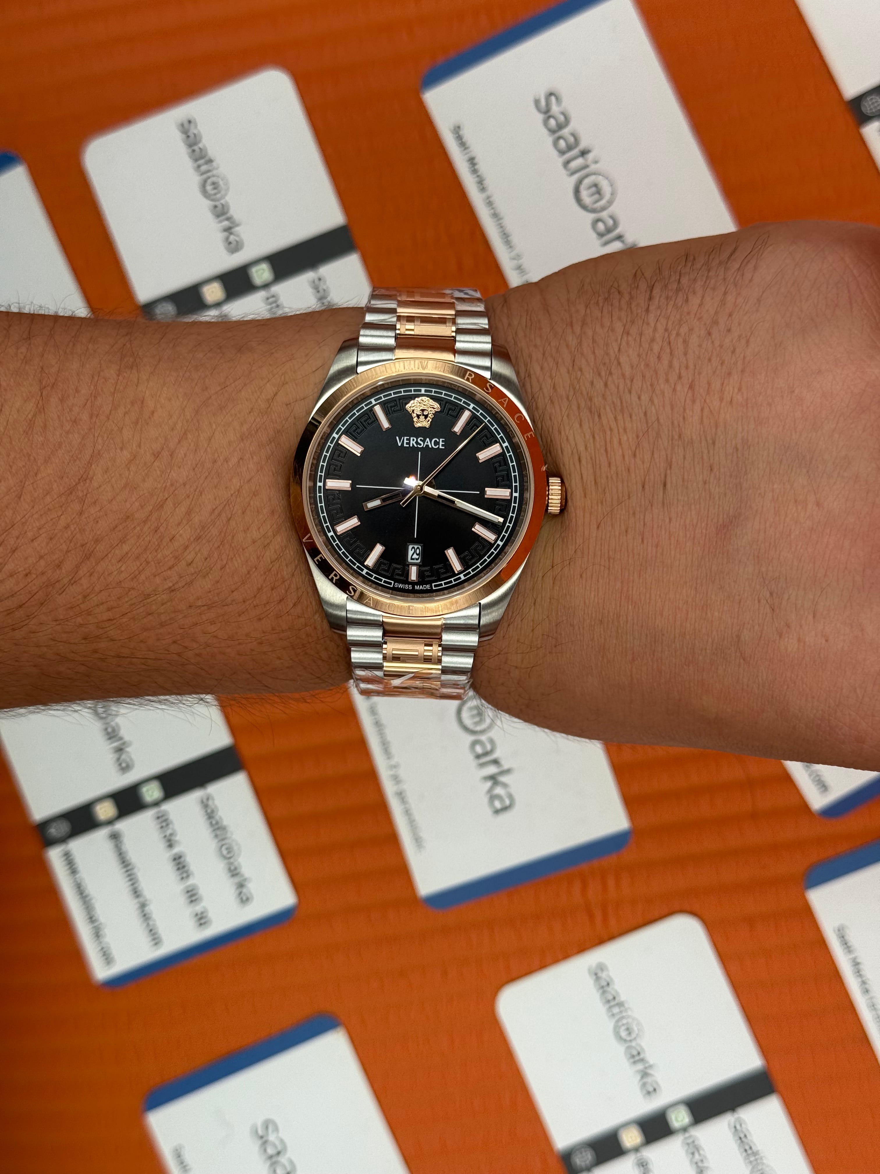 VERSACE 40mm siyah kadran rose silver kasa kordon erkek kol saati