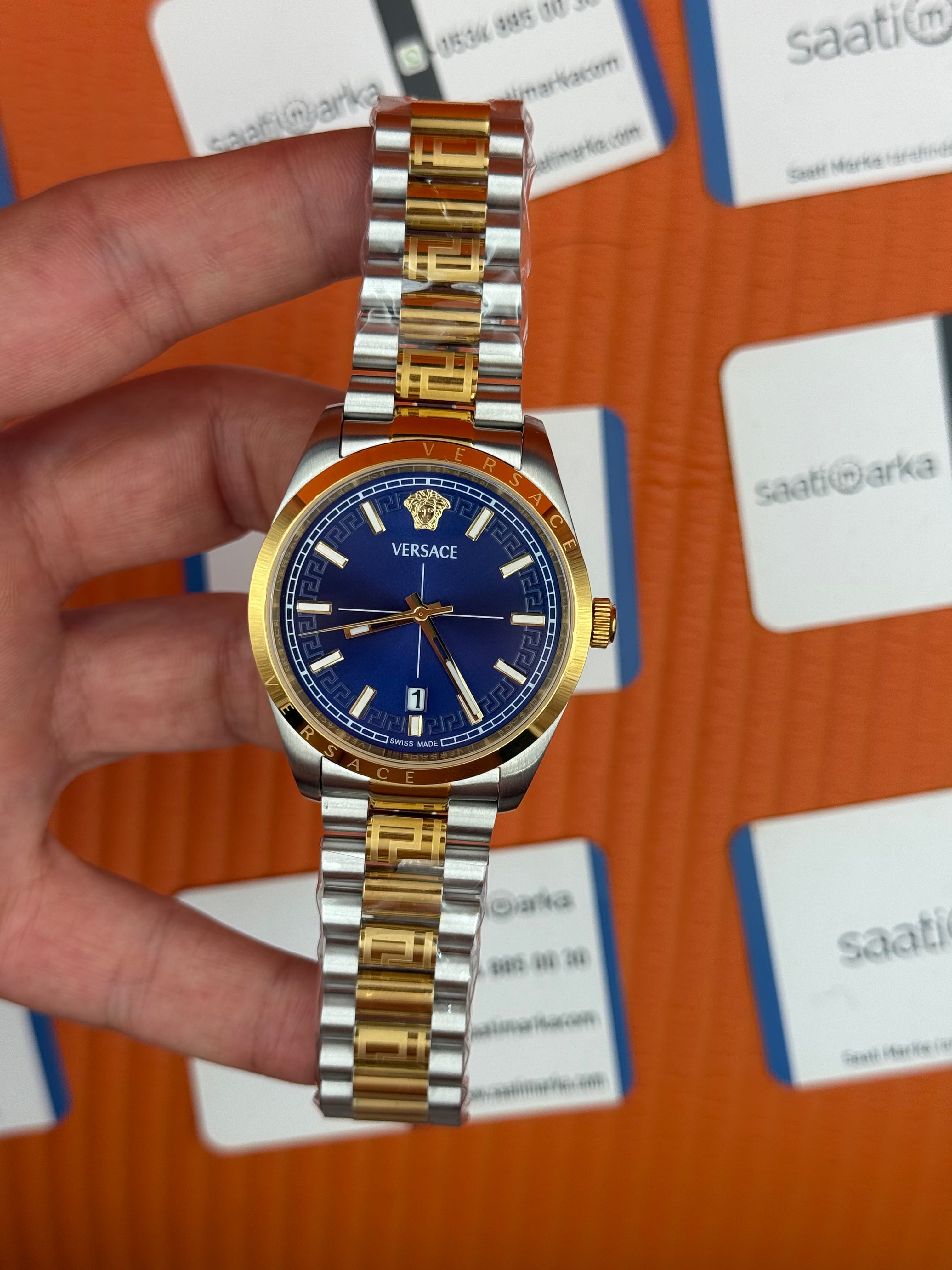 VERSACE 40mm lacivert kadran gold silver kasa kordon erkek kol saati
