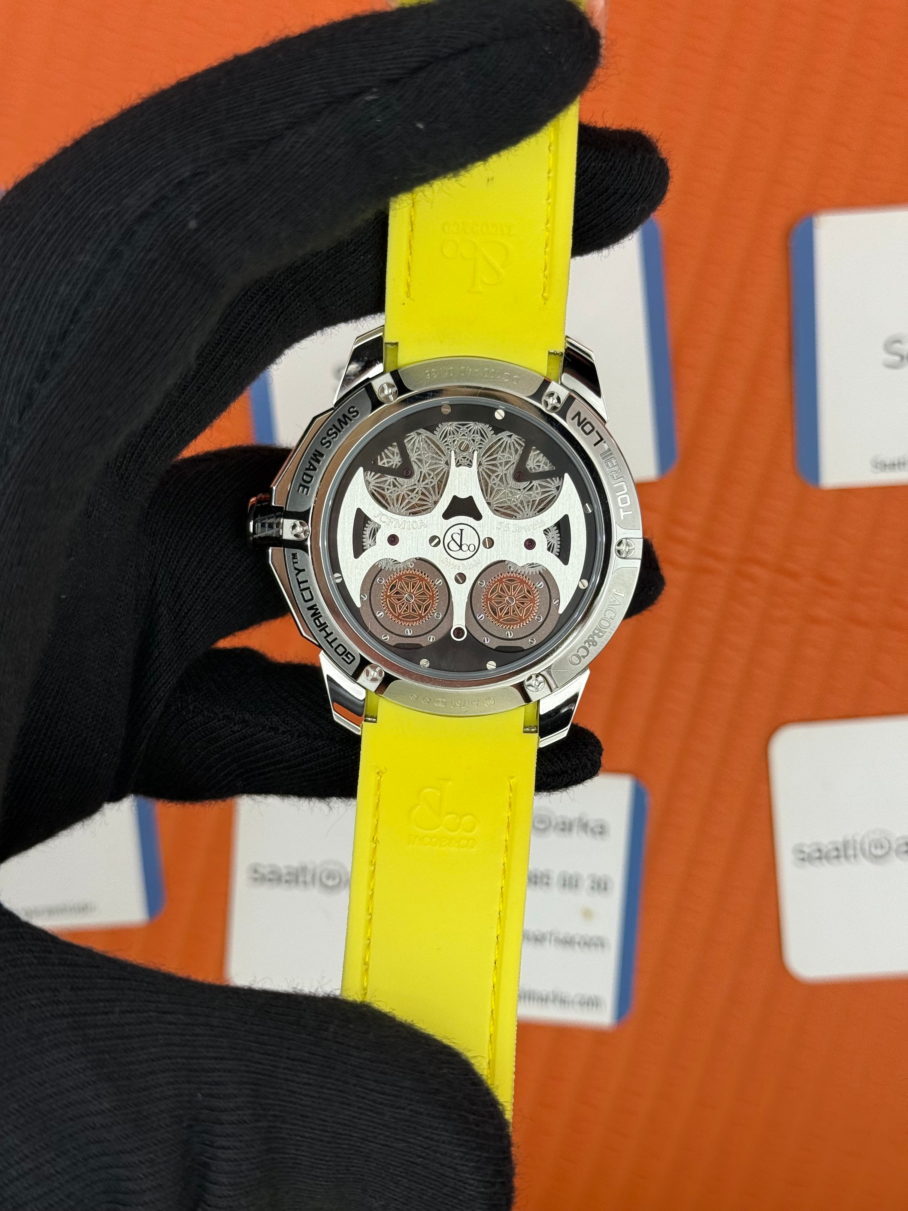 JACOB&CO siyah turbillon kadran sarı siyah kauçuk kordon silver kasa 