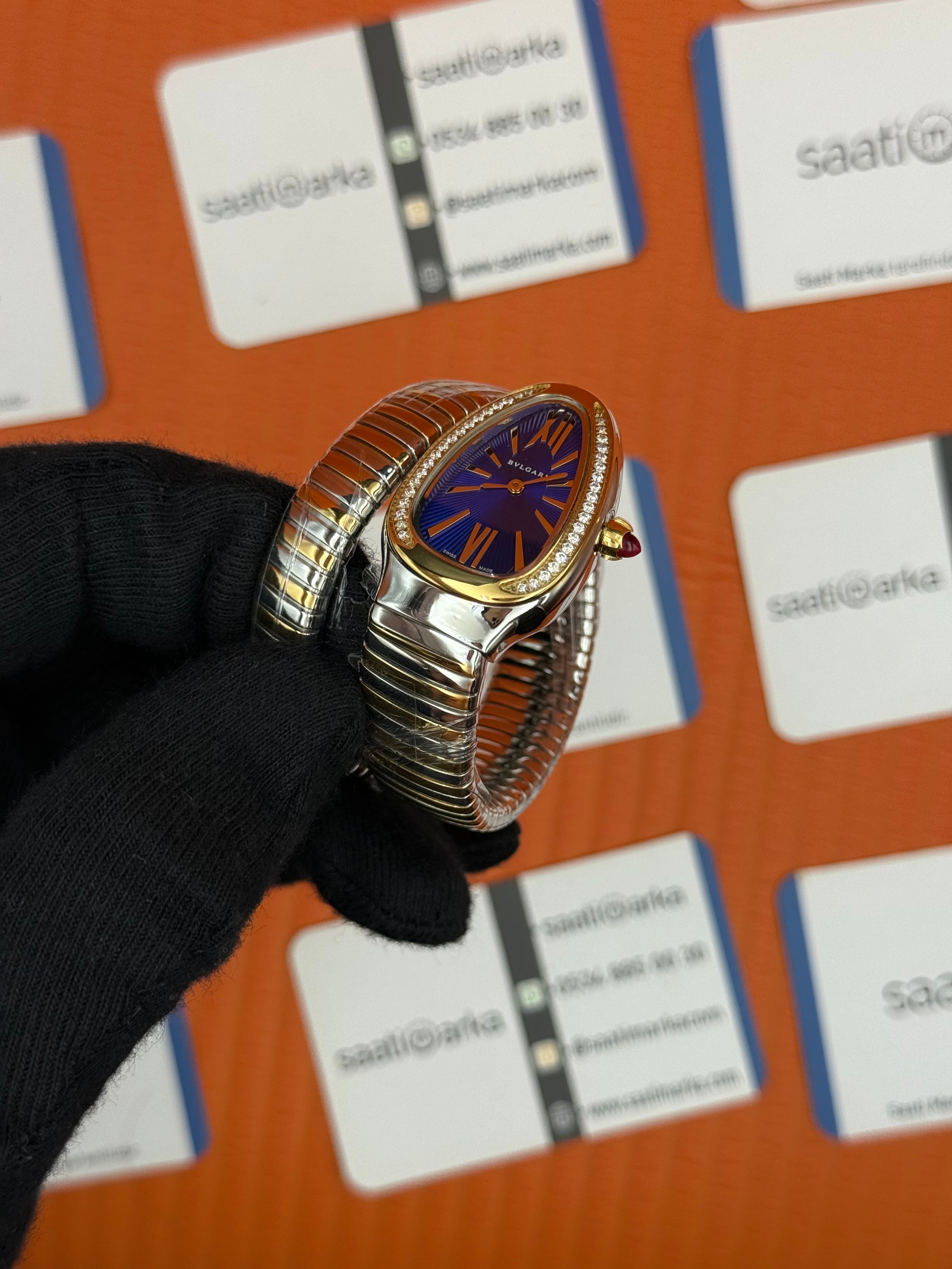 BVLGARİ serpenti tek sarma gold silver kordon taşlı bezel mavi kadran kadın kol saati
