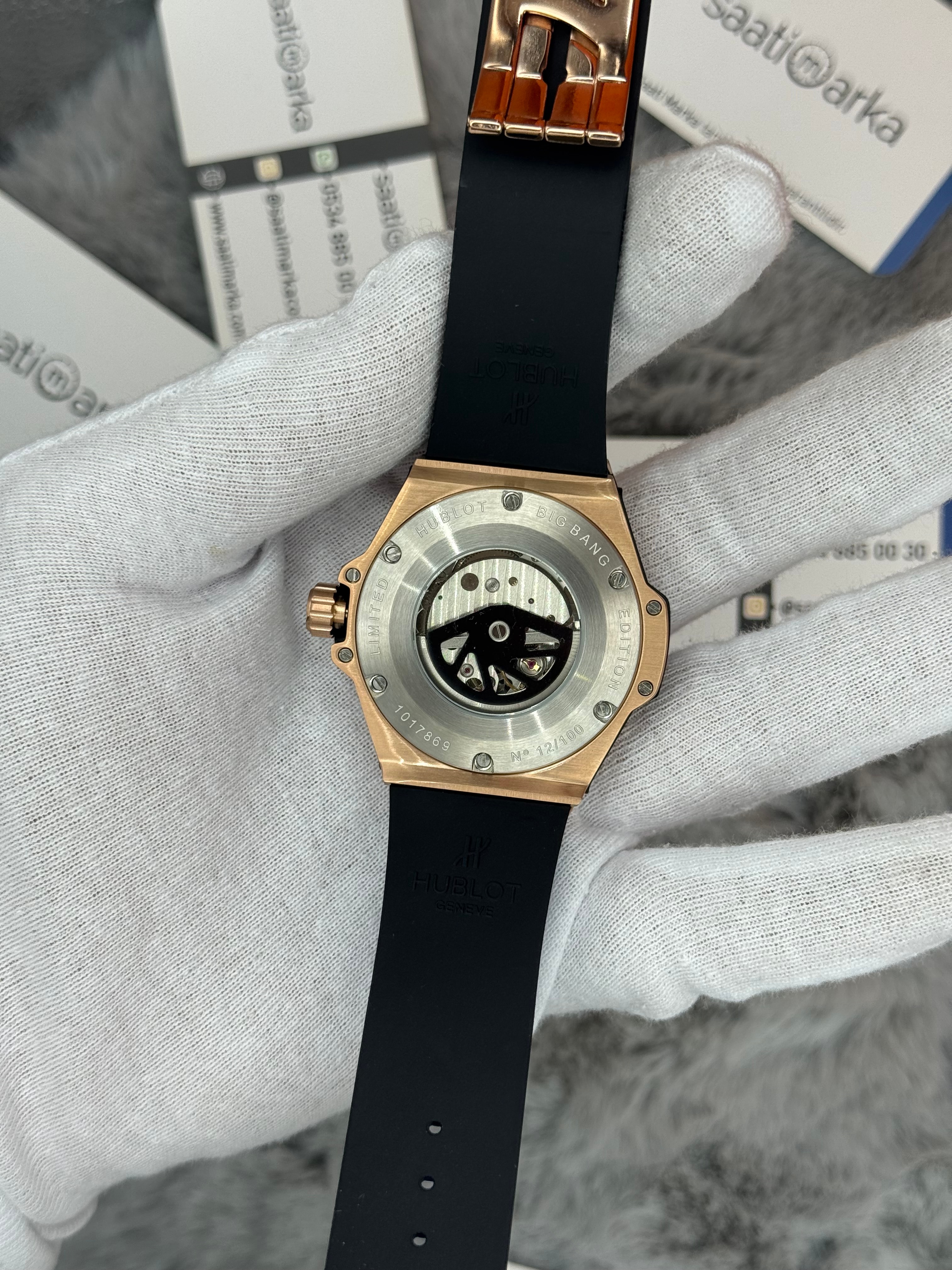 HUBLOT big bang tourbillon 42mm rose kasa mavi kauçuk kordon erkek kol saati