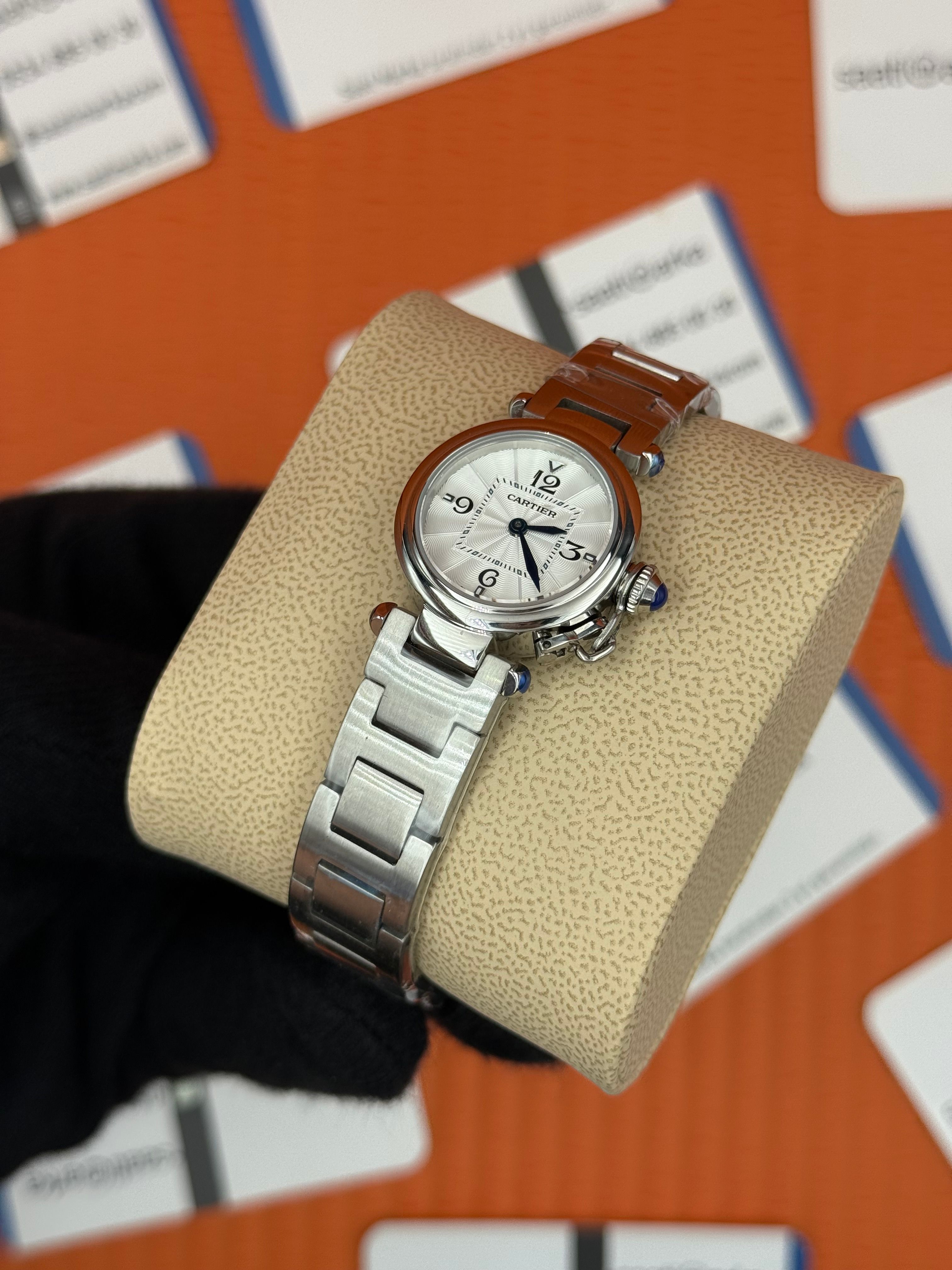 CARTIER Pasha 27mm kadın kol saati silver kasa-kordon beyaz kadran