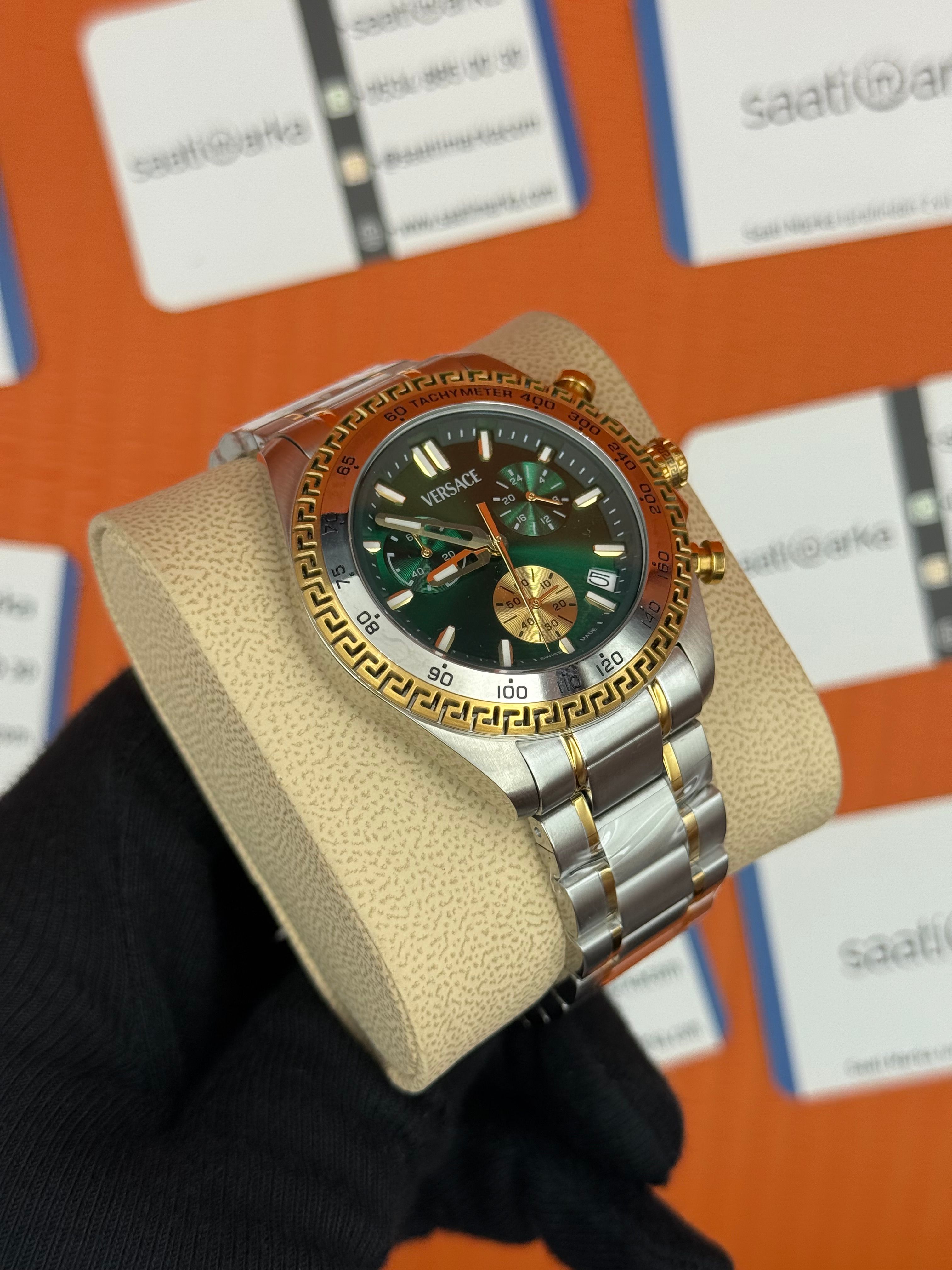 VERSACE yeşil kadran gold silver kasa kordon erkek kol saati