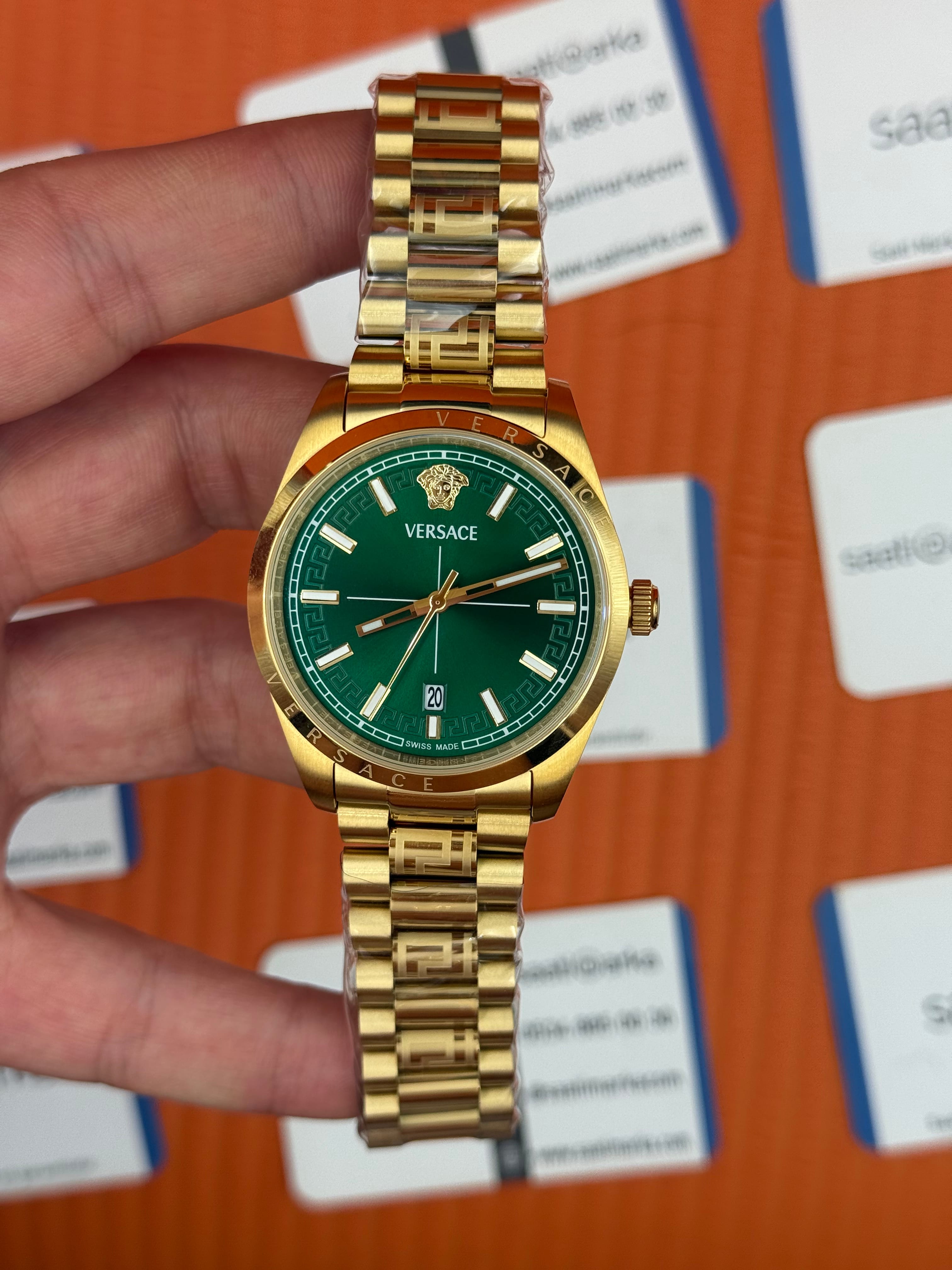 VERSACE 40mm yeşil kadran gold kasa kordon erkek kol saati
