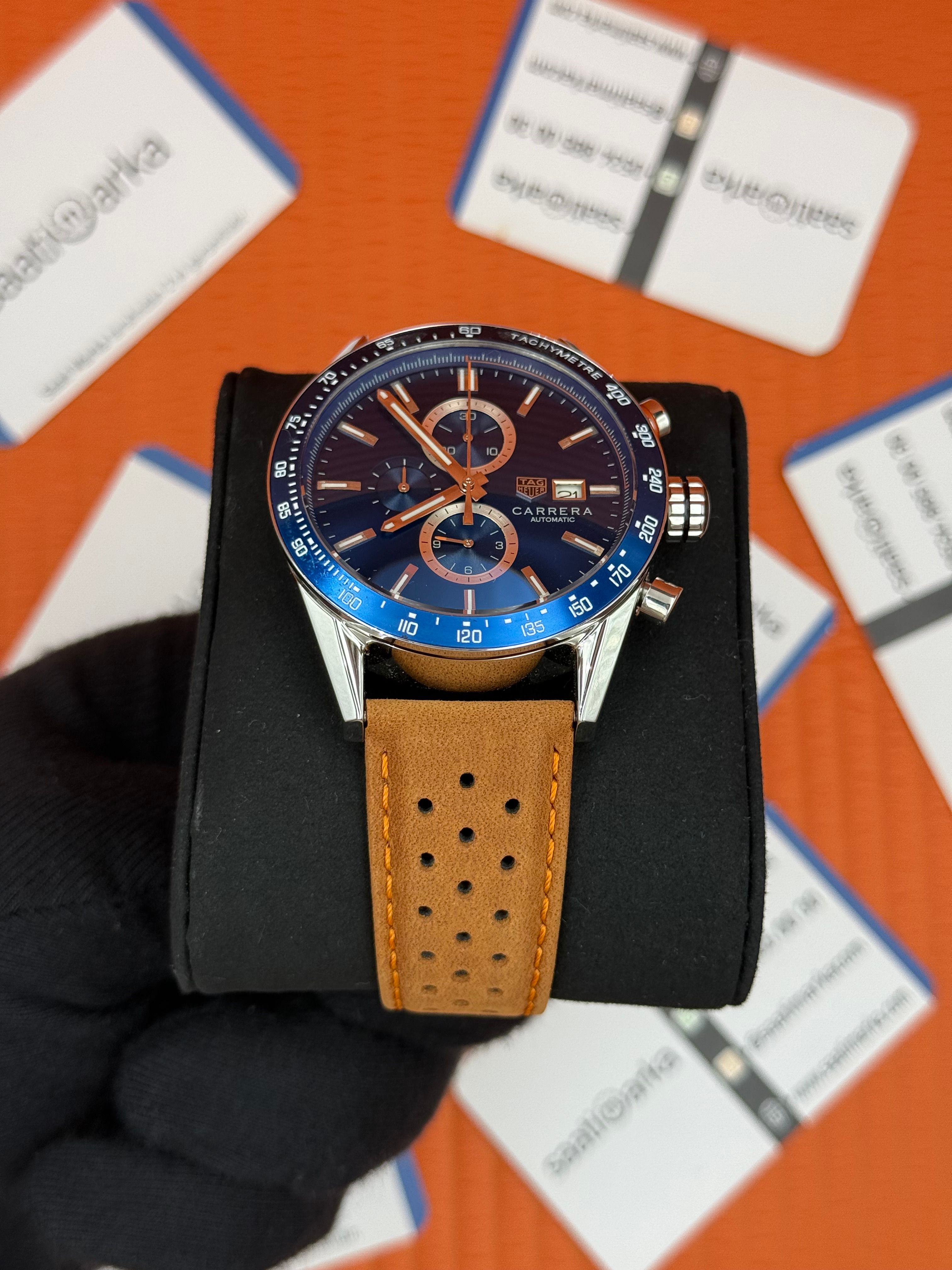 TAGHEUER CARRERA KAHVERNGİ DERİ KORDON MAVİ BEZEL 