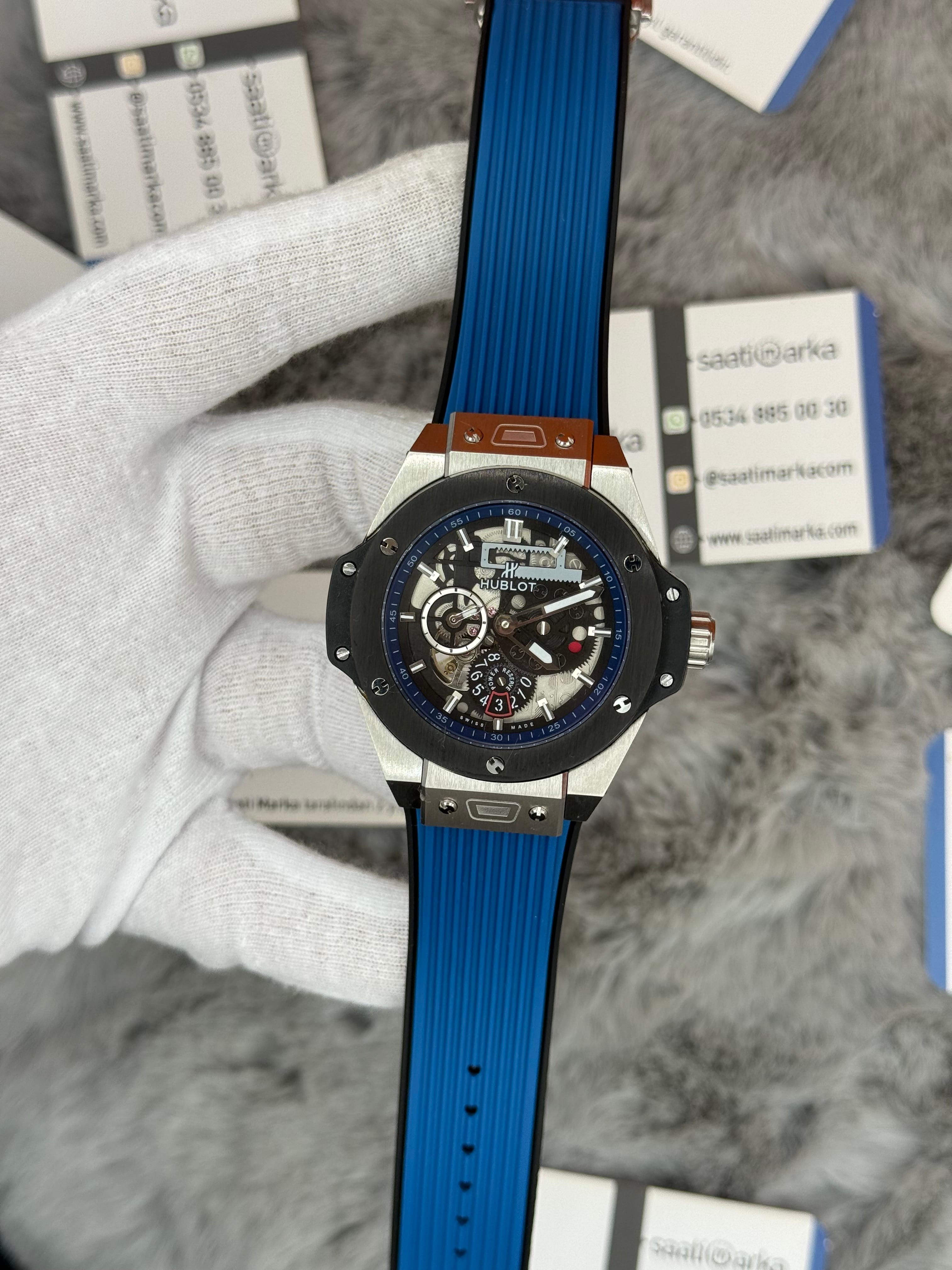 HUBLOT big bang tourbillon 42mm silver kasa mavi kauçuk ordon erkek kol saati