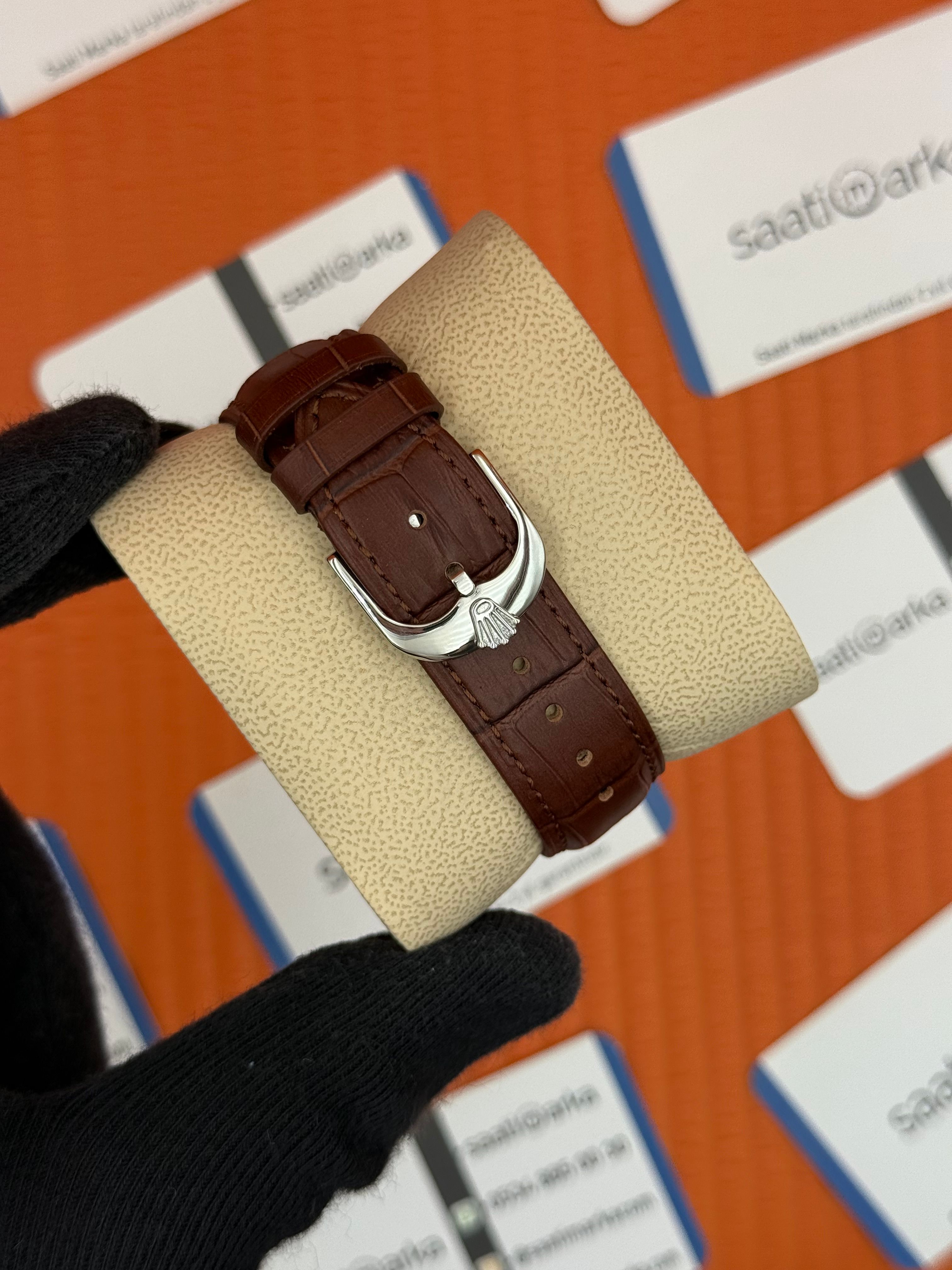 ROLEX Cellini silver kasa beyaz kadran kahverengi deri kordon