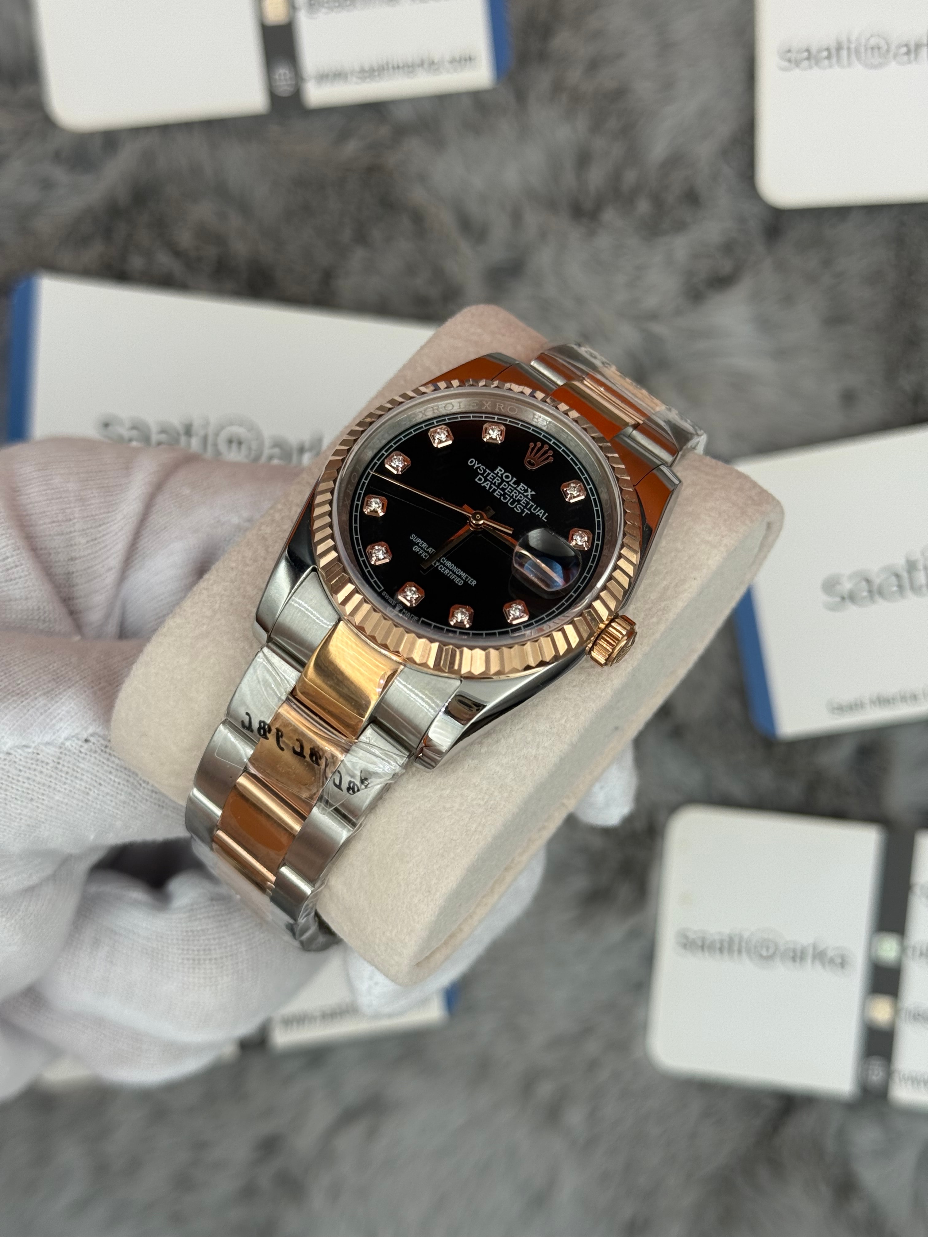 ROLEX Datejust 36mm siyah baget taşlı kadran silver kasa rose silver oyster kordon 