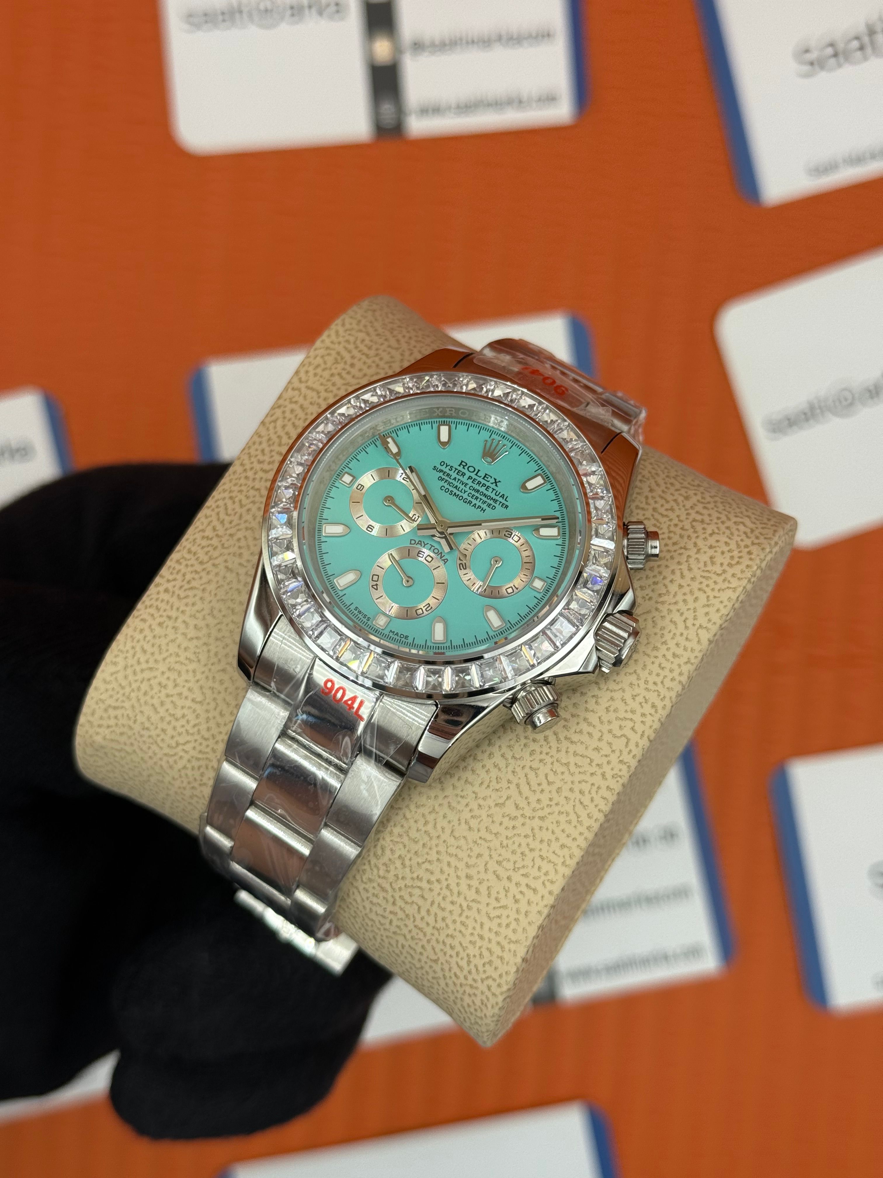 ROLEX Daytona taşlı bezel turguoise dial silver kasa-kordon