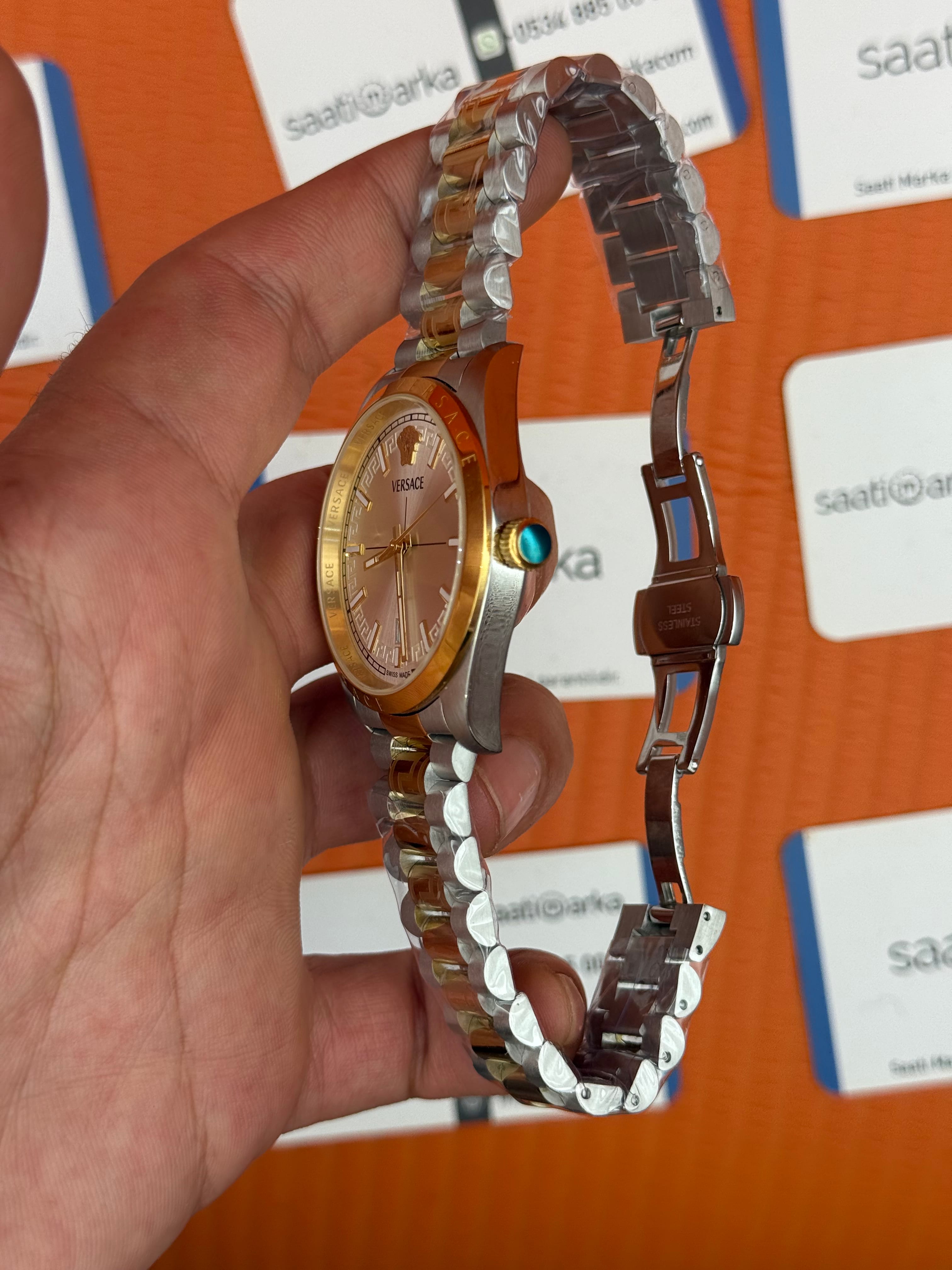 VERSACE 40mm beyaz kadran gold silver kasa kordon erkek kol saati