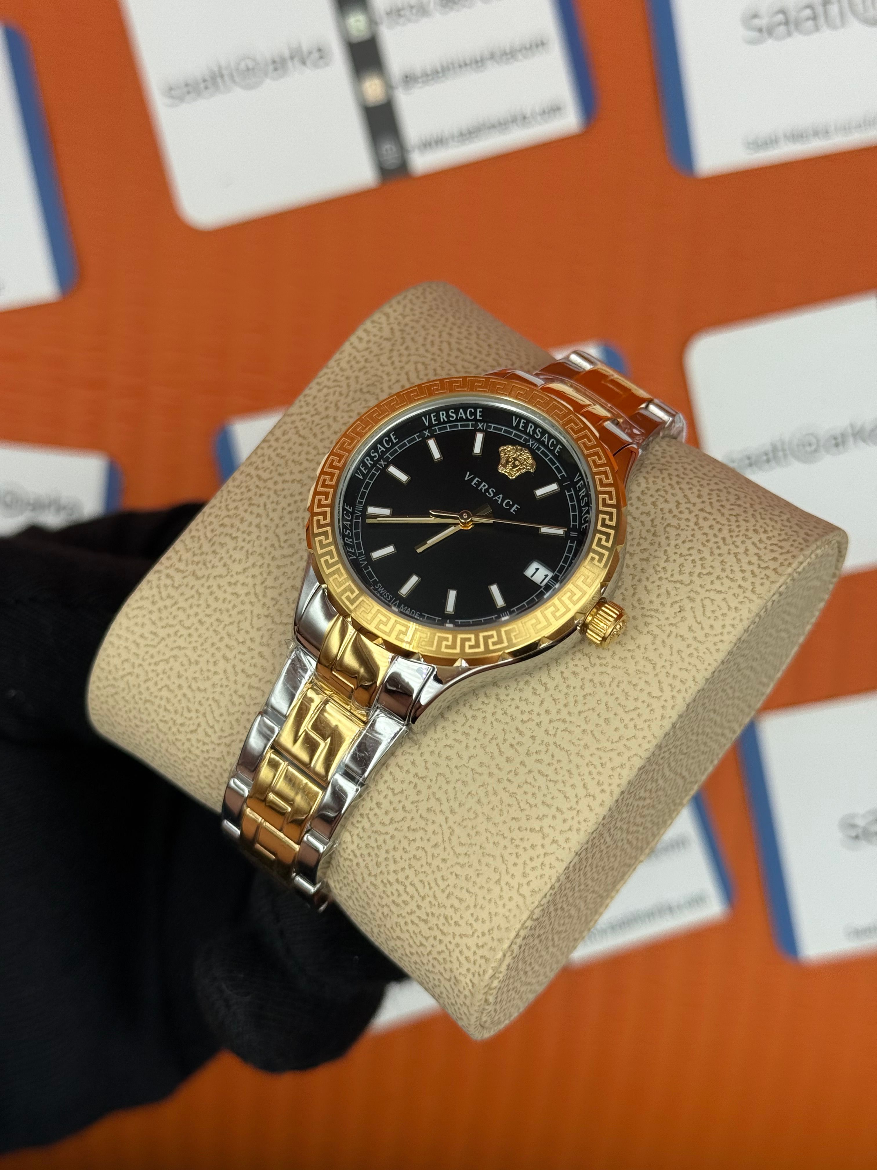 VERSACE siyah kadran gold silver kasa kordon kadın kol saati