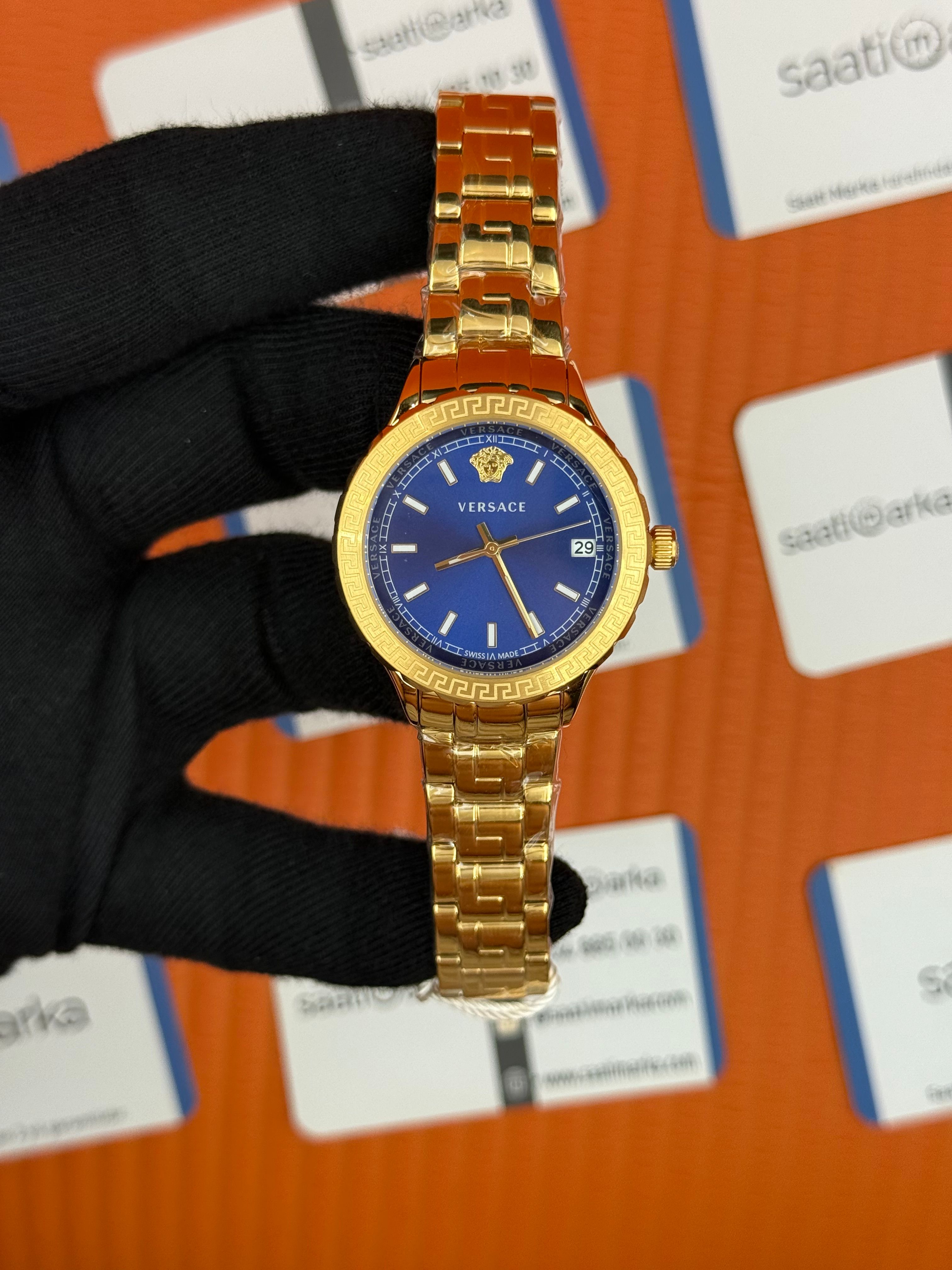 VERSACE mavi kadran gold kasa kordon kadın kol saati