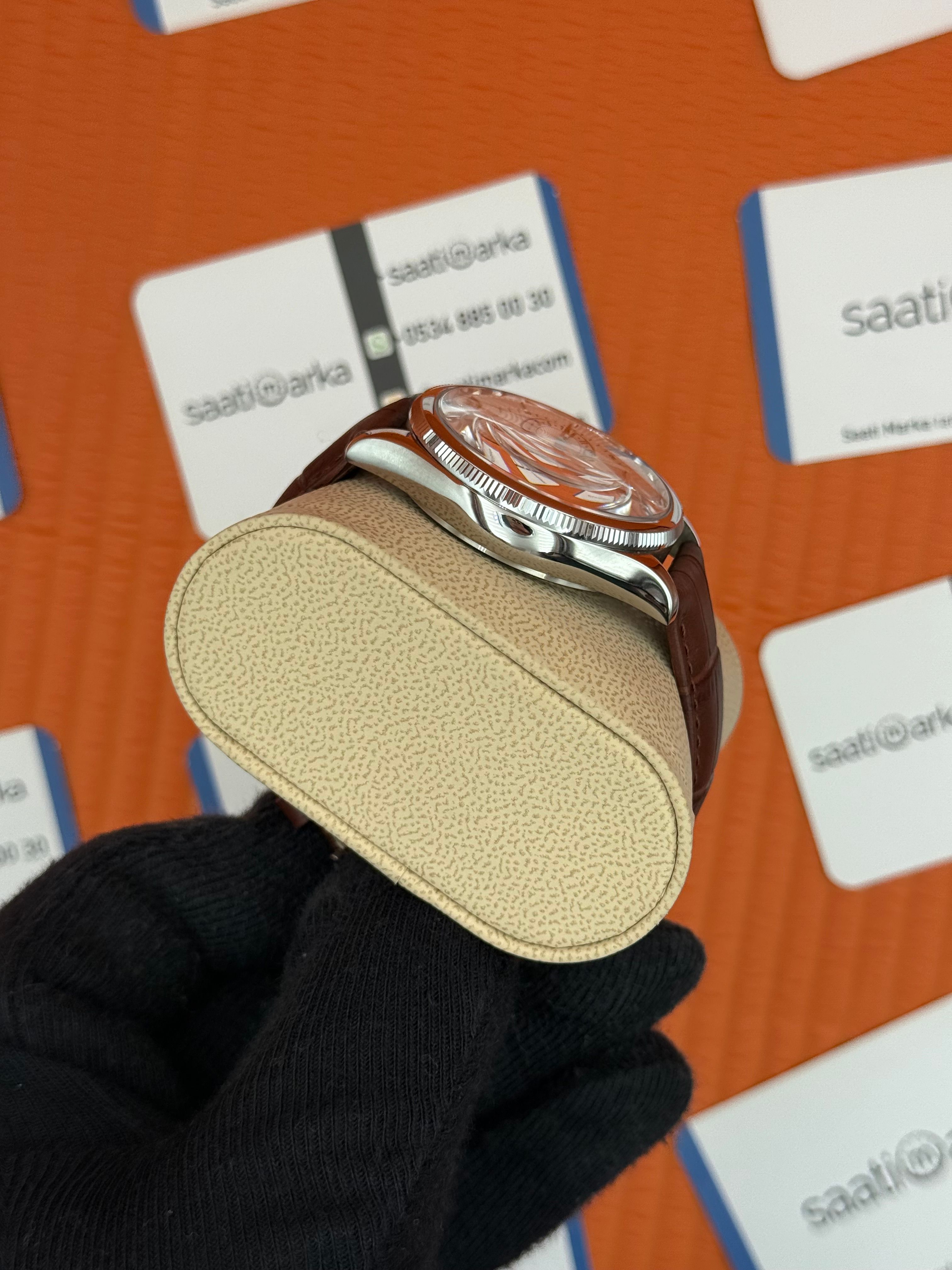 ROLEX Cellini silver kasa beyaz kadran kahverengi deri kordon